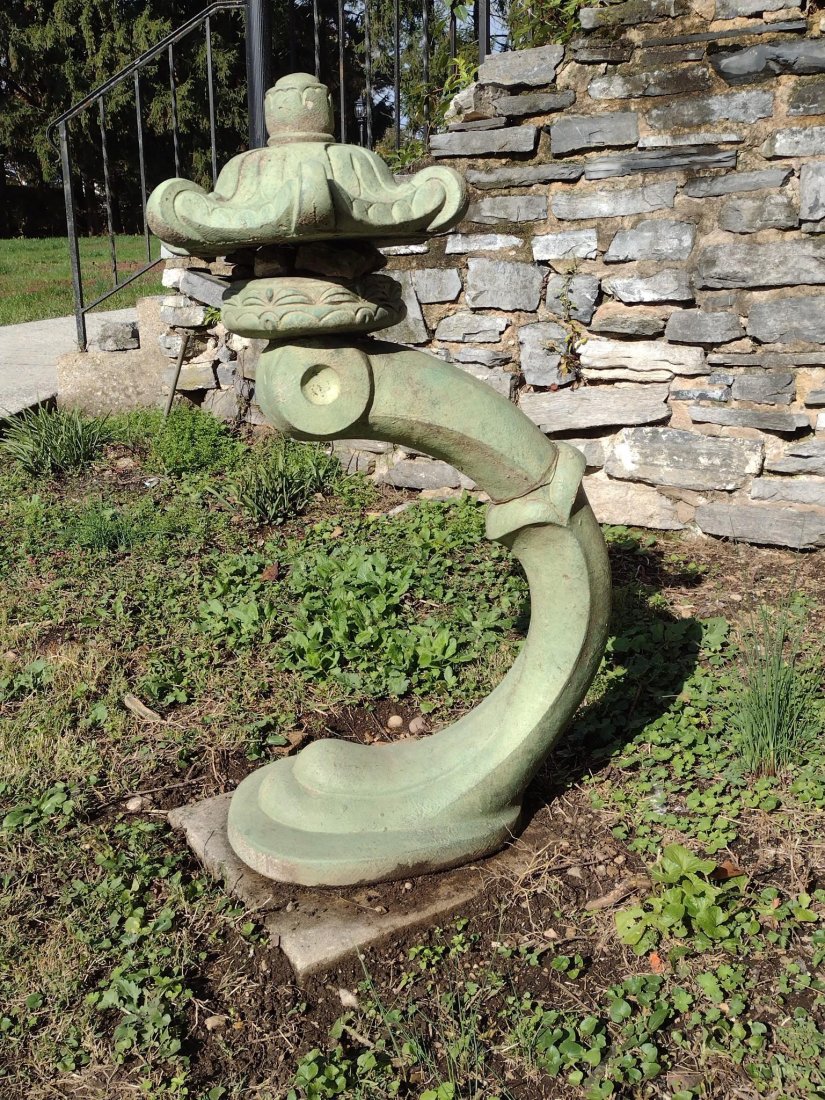 Henri Studio Cement Pagoda Stand: 16" wide X 22" deep X 41" high. Missing center section. MG. IMPORTANT: Before bidding, please read the terms and conditions. When you registered for the auction you agreed to these terms and will be r