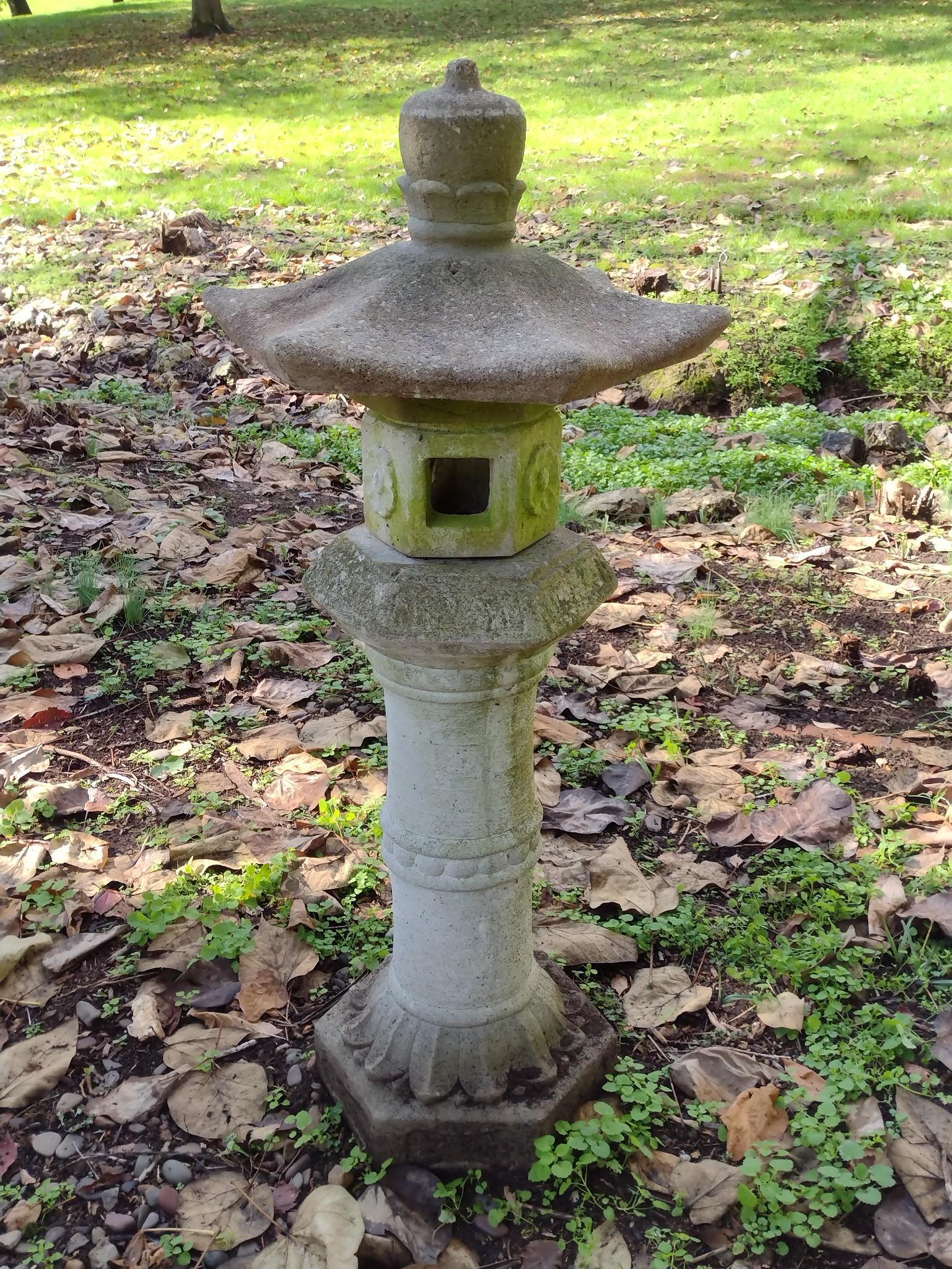 3 Pc Cement Pagoda: 18-1/2" wide X 21-1/2" deep X 46-3/4" high. Signature indecipherable. MG. IMPORTANT: Before bidding, please read the terms and conditions. When you registered for the auction you agreed to these terms