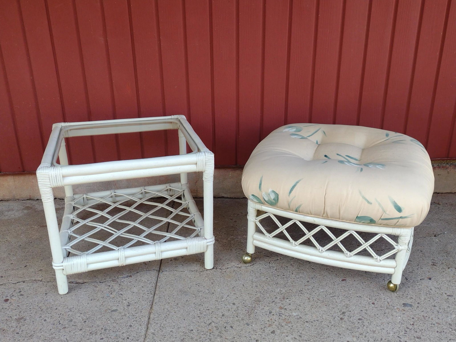 Glass Top Rattan Table & Ottoman: Table 25" wide X 25" deep X 21" high. Ottoman 30" wide X 30" deep X 21" high. Both have some light scratches. No manufactures name found. MG. IMPORTANT: Before bidding, please read the terms and condi