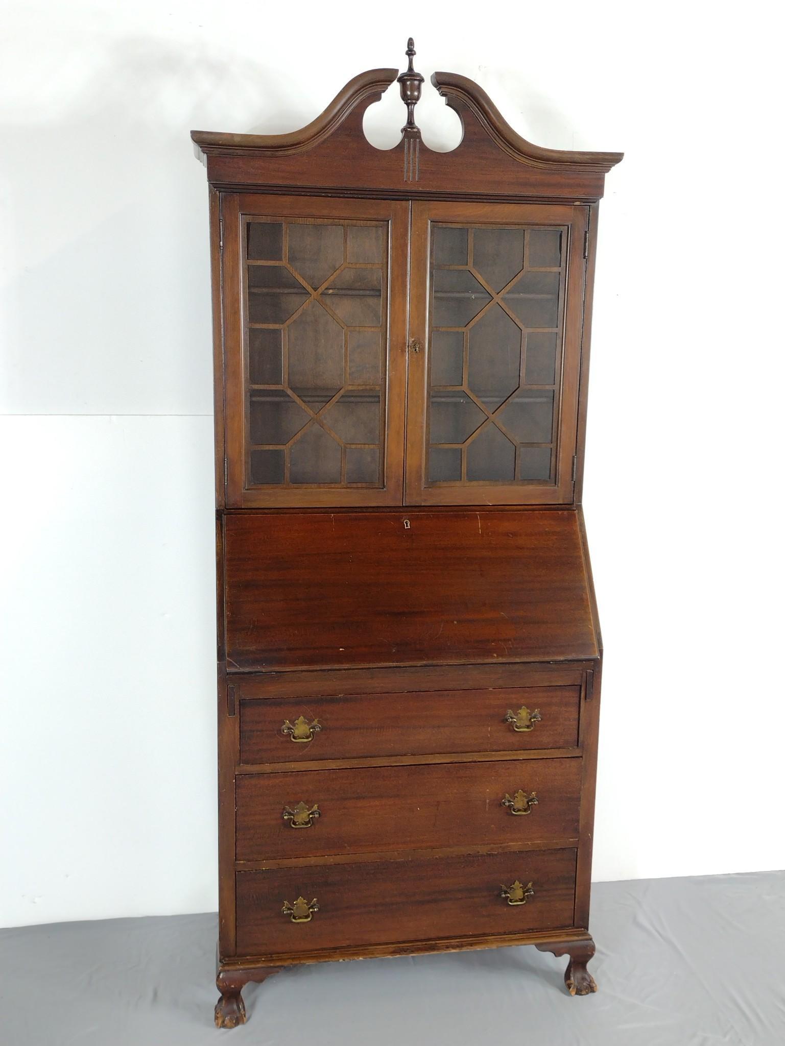 Maddox Secretary Desk: 32" wide X 16-1/2" deep X 79" high. Has lots of scratches and finish loss. MG. IMPORTANT: Before bidding, please read the terms and conditions. When you registered for the auction you agreed to these 