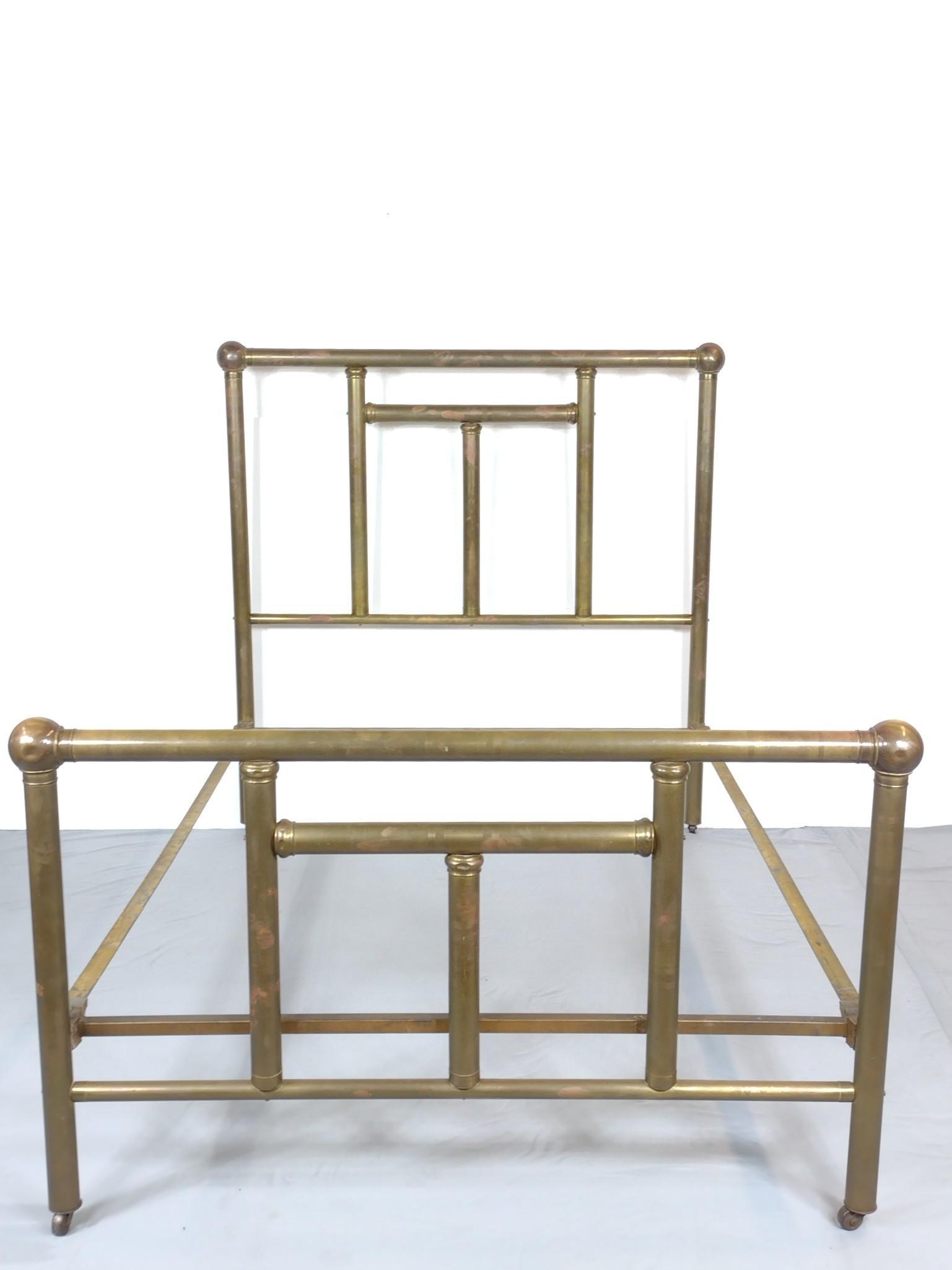 Brass Bed: 54-1/4" wide X 81" deep X 56-1/2" high. Has some discoloring and finish loss. MG. IMPORTANT: Before bidding, please read the terms and conditions. When you registered for the auction you agreed to the