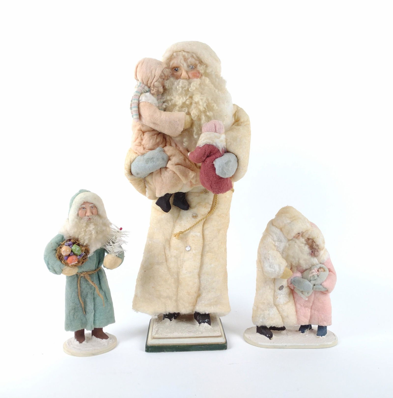 3 Cotton Bat Santas Signed Sara Schmidtz (1 of 5)