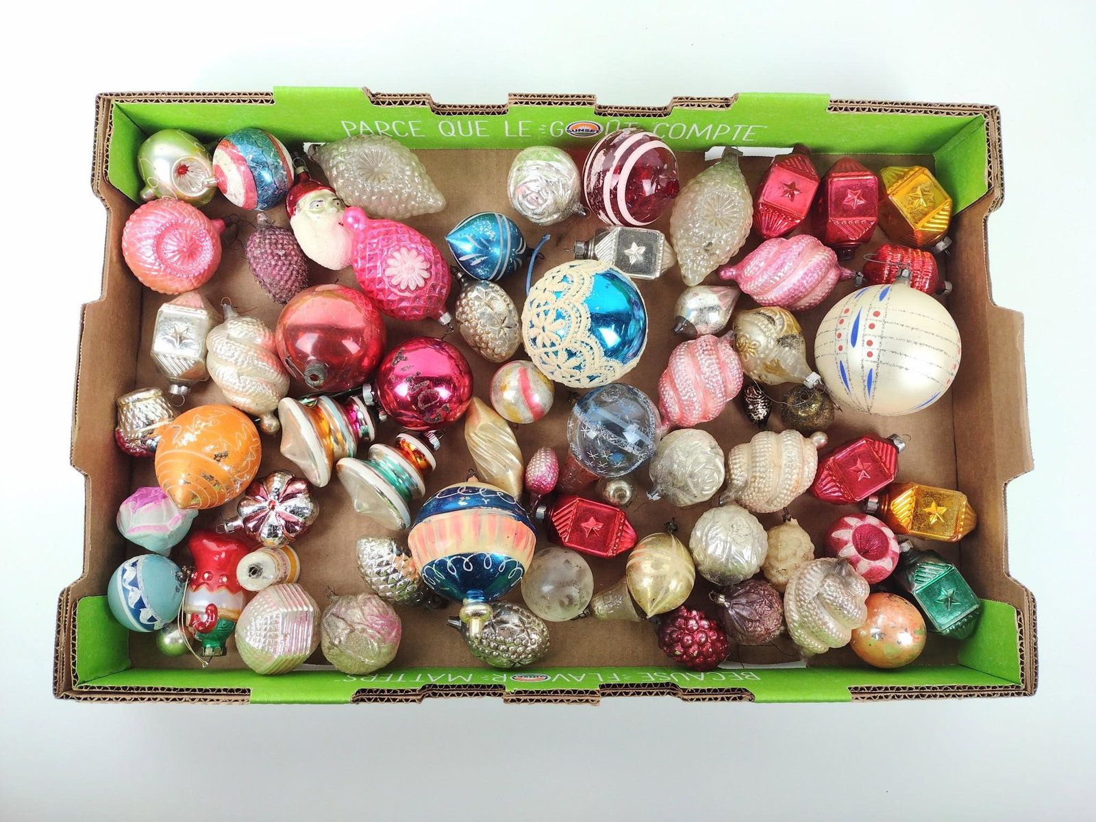 67 Antique Christmas Ornaments Incl Flowers: 1-3/4" to 5" high. RM IMPORTANT: Before bidding, please read the terms and conditions. When you registered for the auction you agreed to these terms and will be required to comply with them.