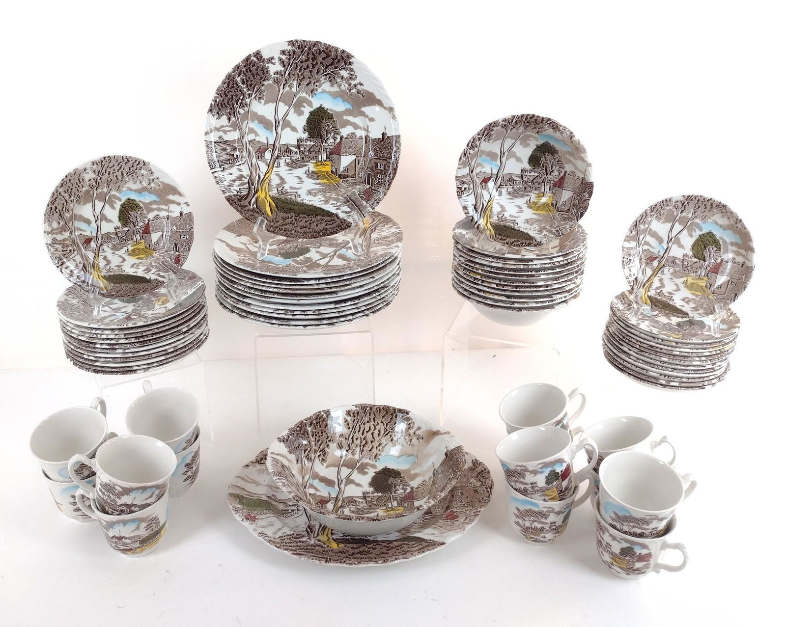 65 Pcs W.H. Grindley "Sunday Morning" Transferware: Dinner plate: 10" diameter. MEG IMPORTANT: Before bidding, please read the terms and conditions. When you registered for the auction you agreed to these terms and will be required to comply with them.