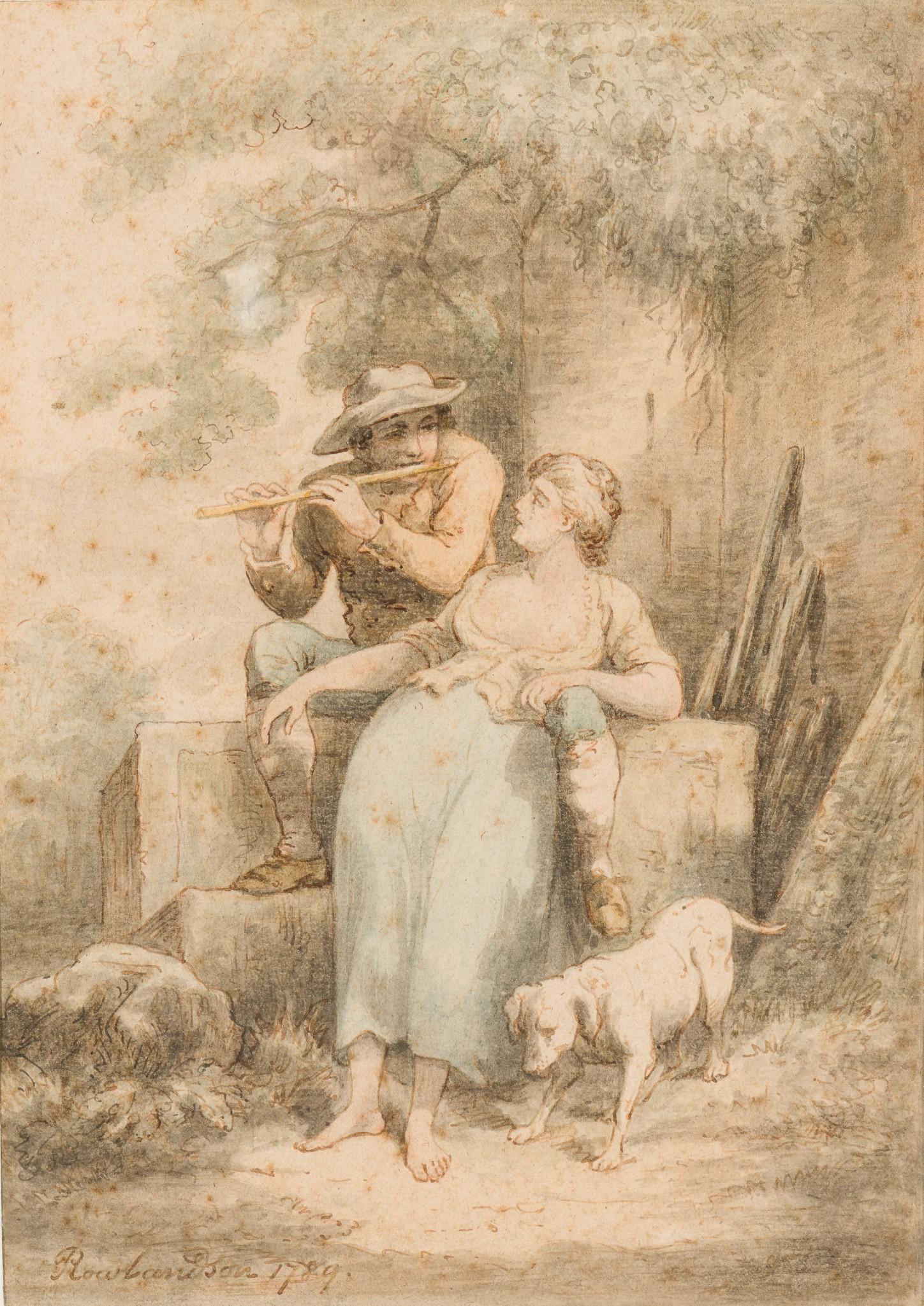 Thomas Rowlandson (1757-1827, British): DESCRIPTION: Thomas Rowlandson (1757-1827, British). Ink and watercolor. Man, woman, and dog in a garden, man playing the flute. Signed and dated 1789 to lower left corner. Framed in black painted woo