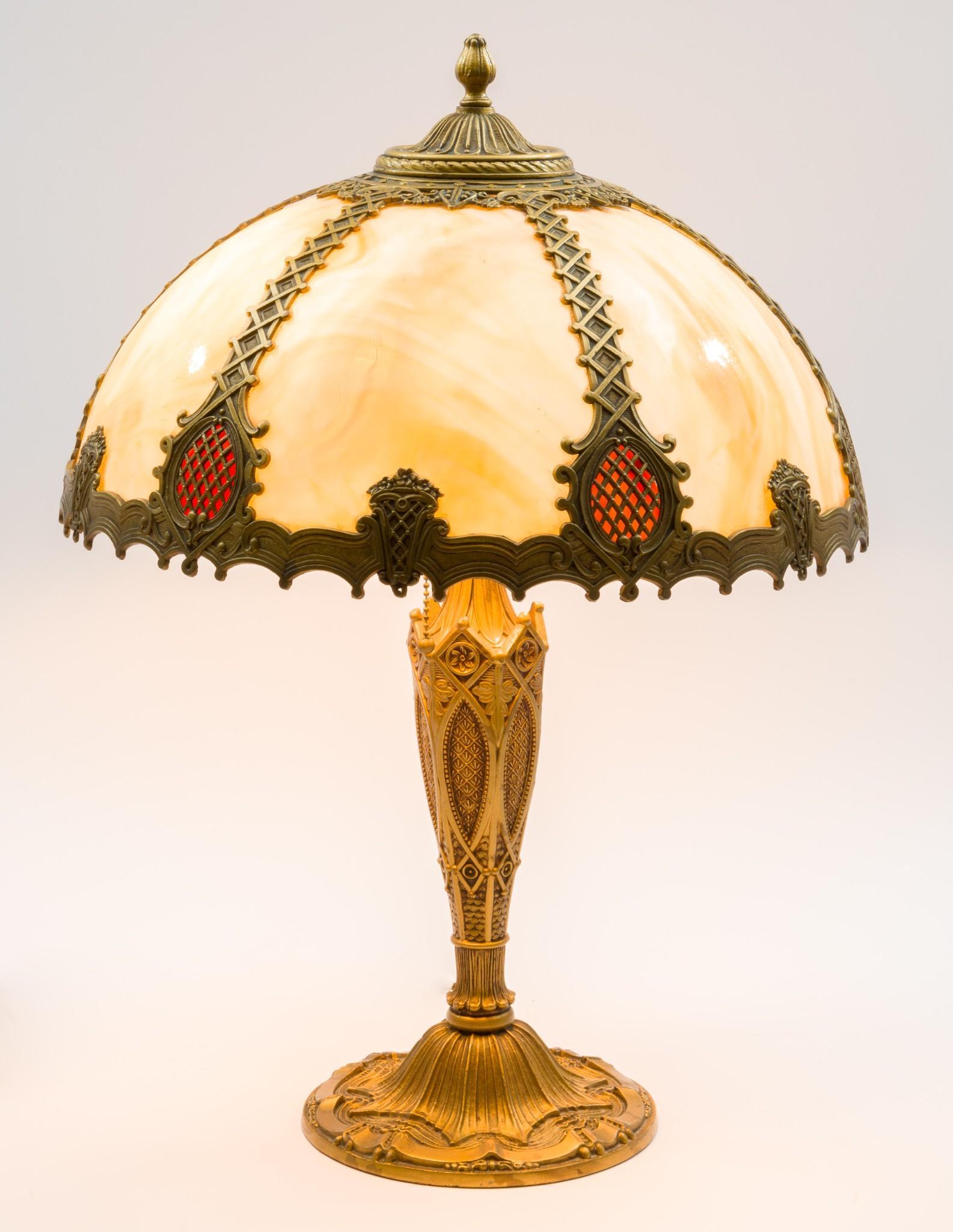 Antique 6 Panel Slag Glass Lamp (1 of 8)