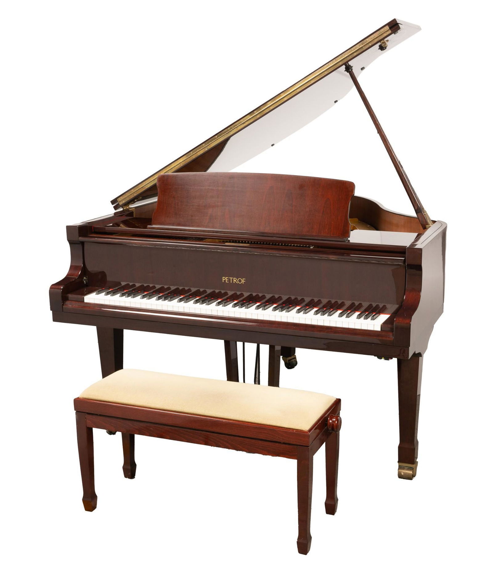 Petrof Model V Baby Grand Piano: DESCRIPTION: Petrof Model V baby grand piano. Serial number 584195. High polish mahogany case. Manufactured between 2000 and 2008 in the Czech Republic. With matching bench. MEASUREMENTS: 5'2". CONDIT