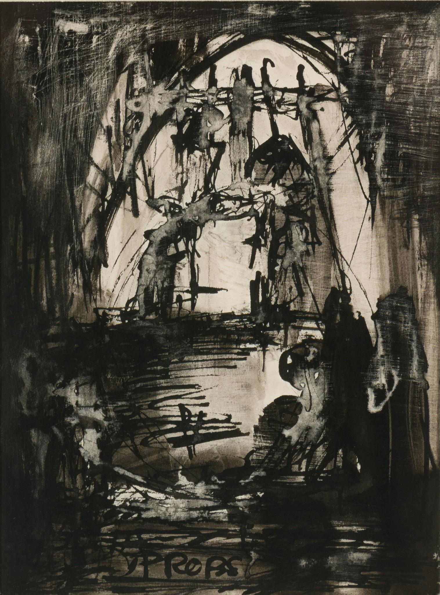 Joachim Probst (1913-1980, New York City, NY): DESCRIPTION: Abstract. Joachim Probst (1913-1980, New York City, NY) Ink on paper. Signed to center bottom J Probst. Matted in wood frame. Born in New York City in 1913, Probst was a self taught paint