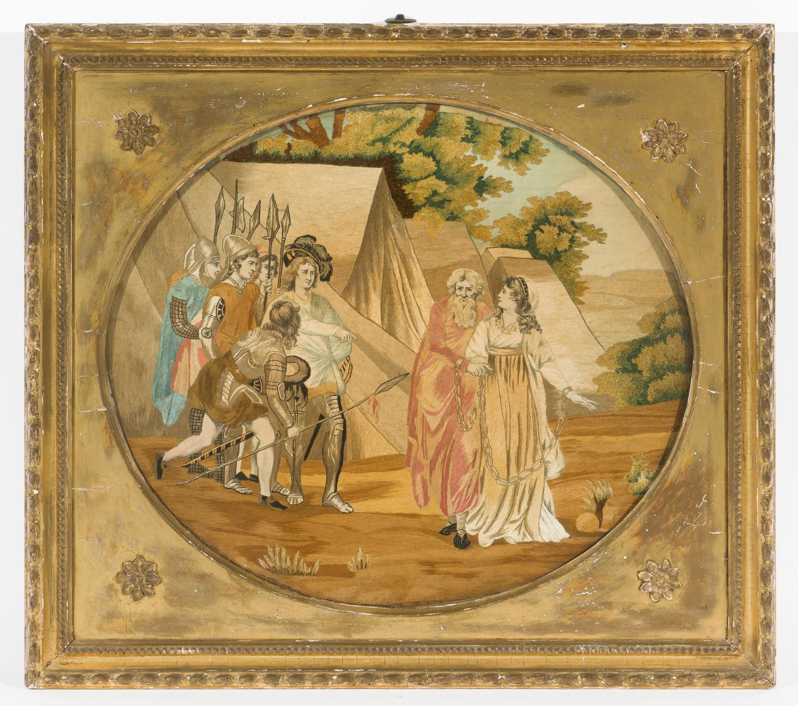 Georgian Stumpwork and Needlepoint on Painted Silk Knights & Maiden (1 of 4)