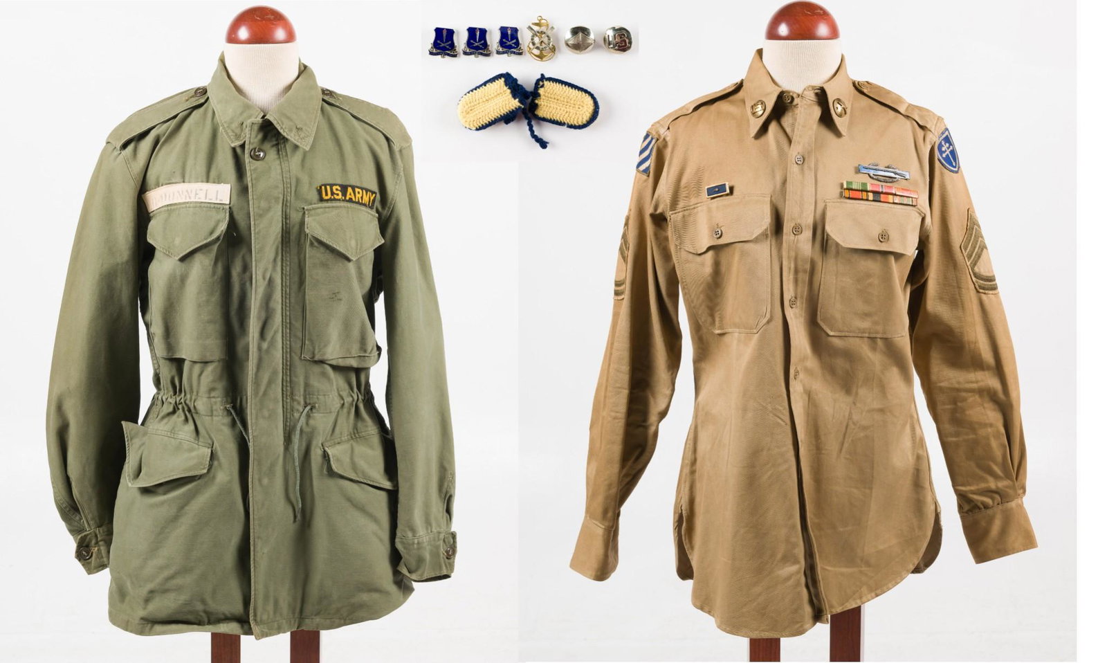 2 U.S. Army Uniform Items & Badges: Two U.S. Army uniform items and badges. Includes fatigue jungle jacket and uniform shirt. Uniform shirt with Sargent 1st Class insignia, 3rd Infantry Division patch, 79th Infantry Division patch, comb