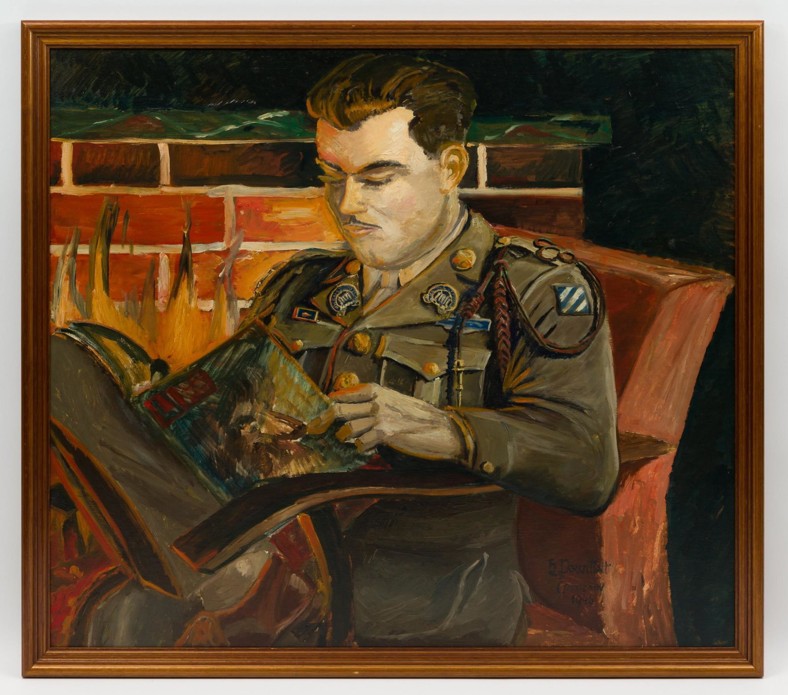 Painting of Man in Uniform: Oil on board. Painting of man in military uniform sitting in a chair and reading Life Magazine. Signed to lower right H. Pocuillelt Germany 1946. In wood frame. 33-1/2" wide x 29-1/2" high; frame 1-1/