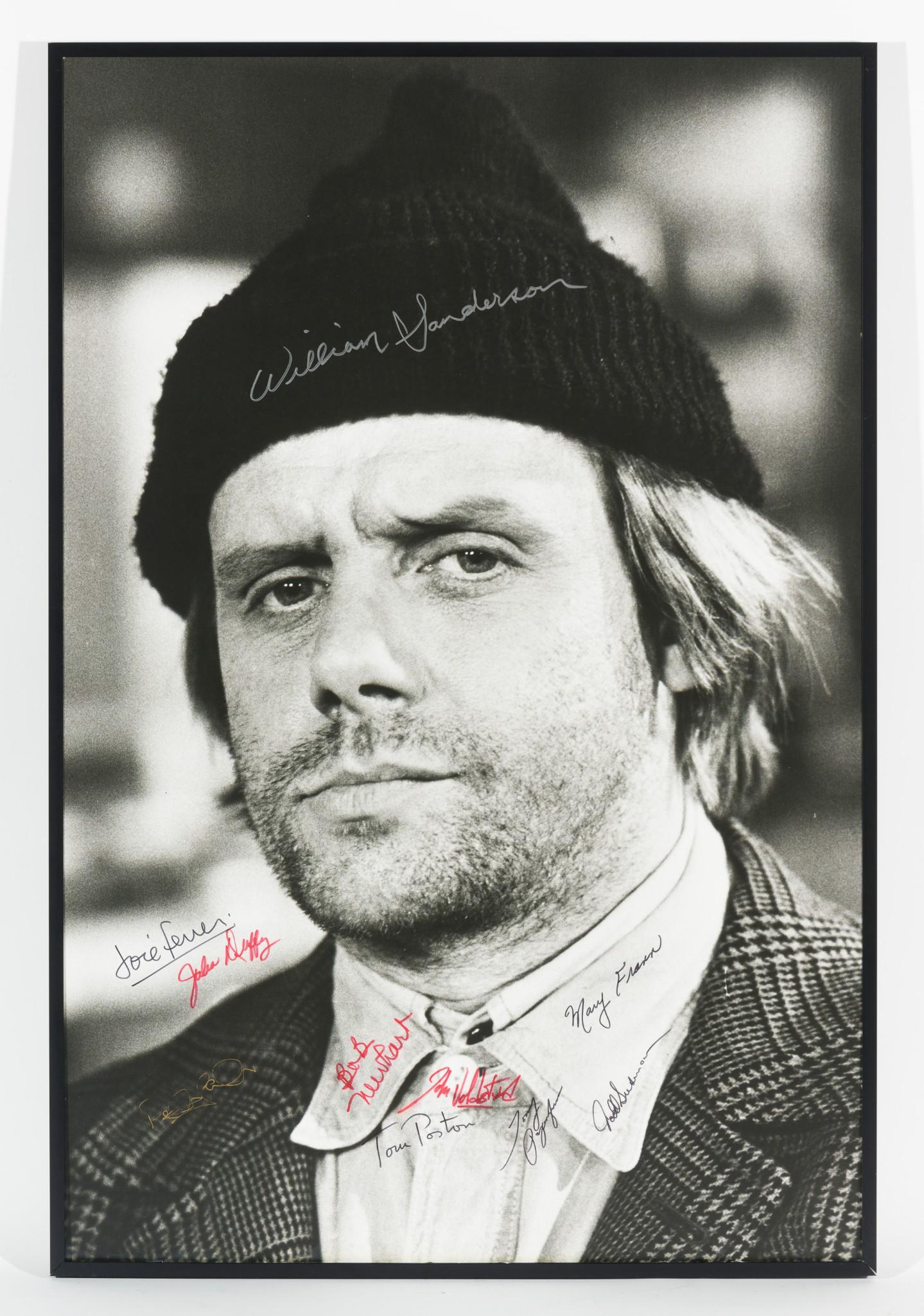 Oversize Autographed Photo Print of William Sanderson: Oversize black and white photograph print of actor William Sanderson dressed as his character Larry from Newhart. Autographed by William Sanderson, Bob Newhart, Mary Frann, Julia Duffy, Peter Scaolari