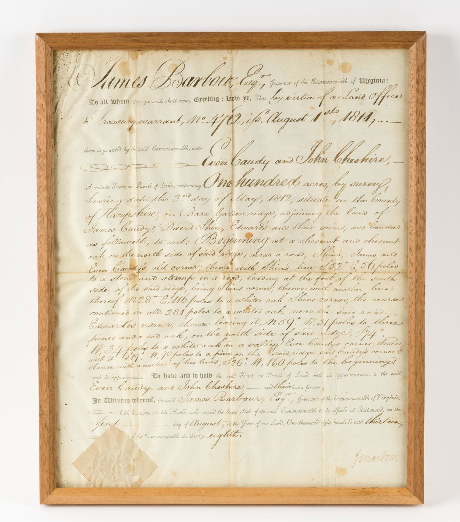 Gov. James Barbour Signed 19th Century Virginia Land Grant (1 of 6)