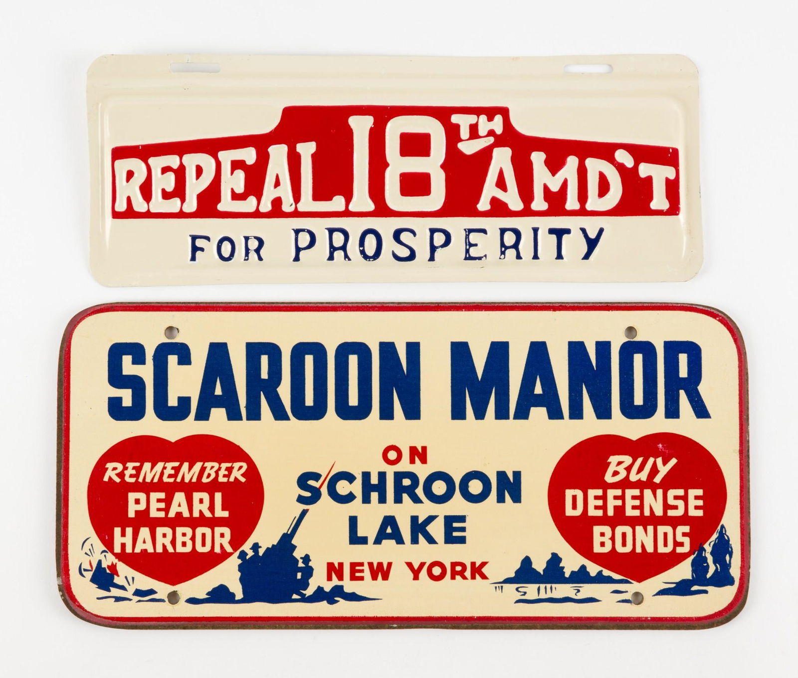 2 Political License Plates: Two political license plates. Includes red, white, and blue painted masonite license plate with "Scaroon Manor on Schoon Lake New York" with a heart to the left "Remember Pearl Harbor" and to the righ