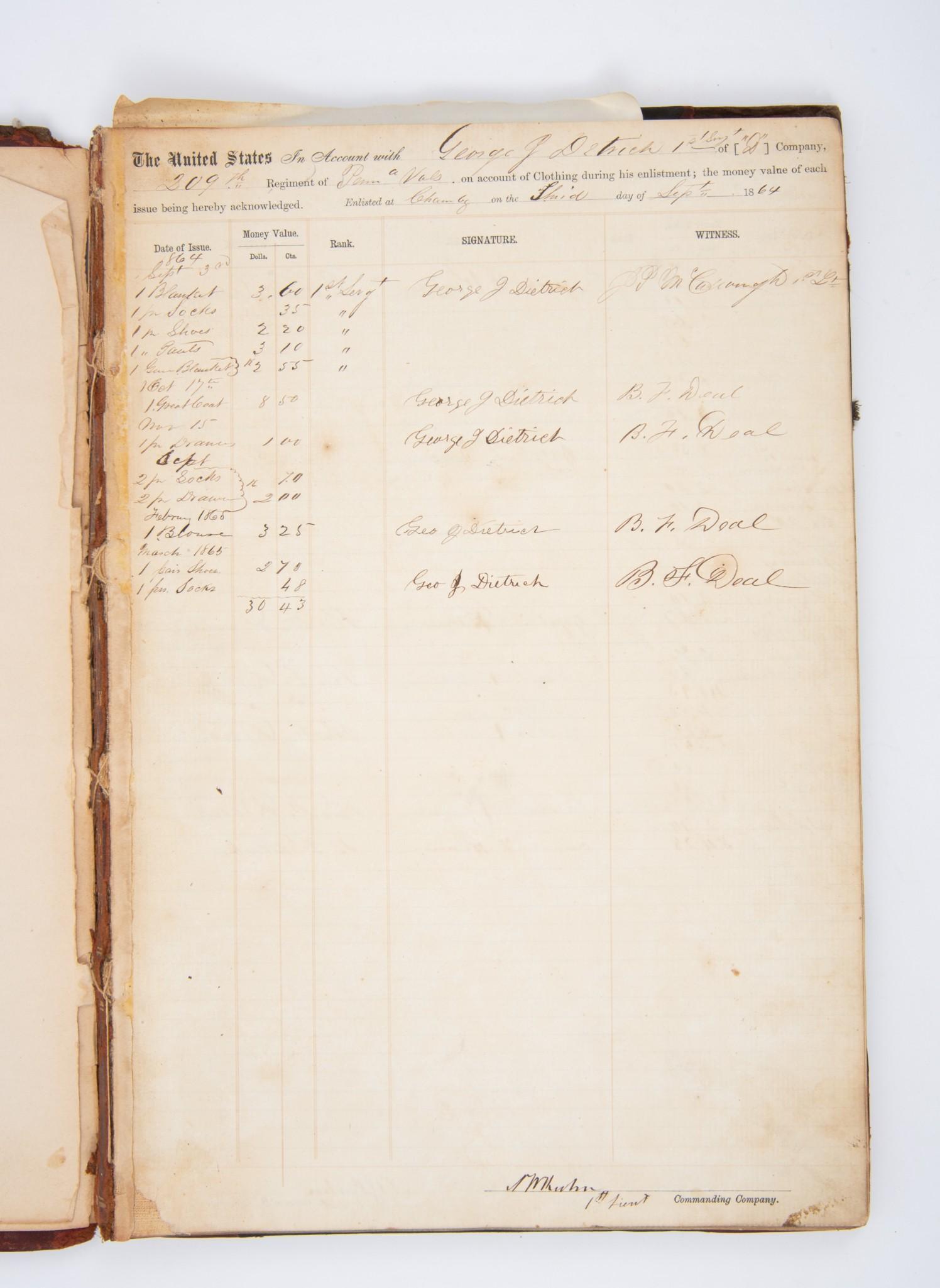 Civil War Ledger of Issuance of Uniforms: Civil War Ledger of issuance of uniforms and others items to D through F companies, 209th regiment of PA volunteers for September 1864. The 209th was mustered into service in Harrisburg and served dur