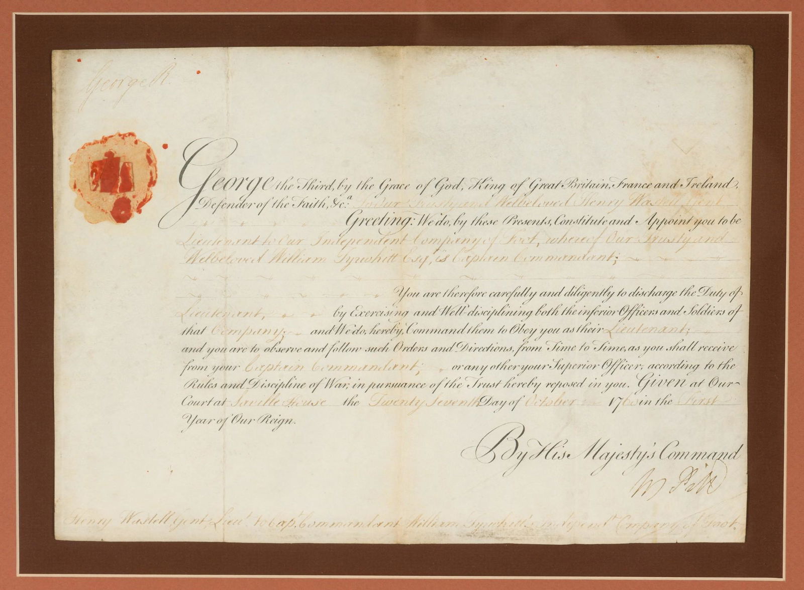 William Pitt Signed Royal Military Commission for Captaincy - Wastell (1 of 5)