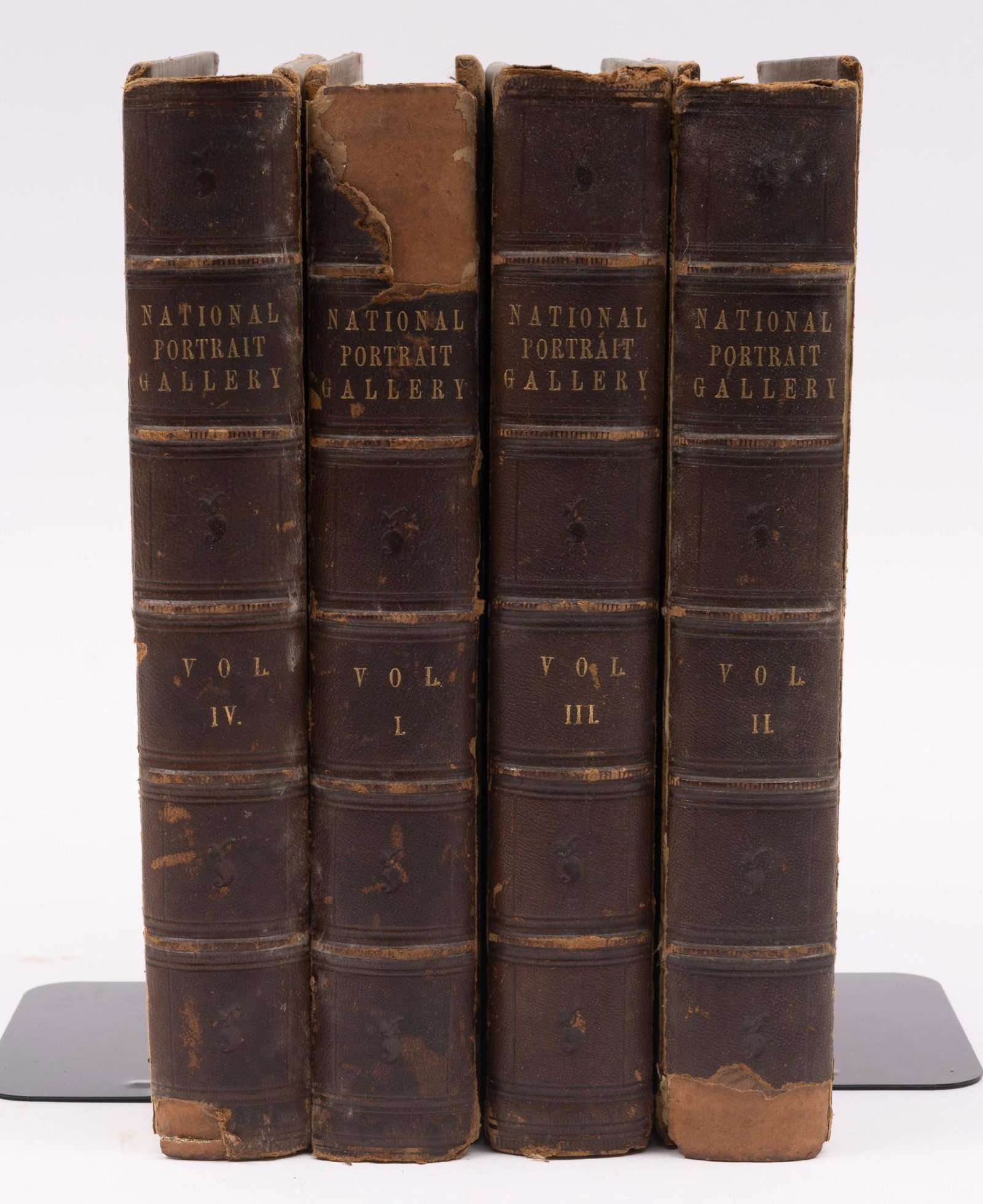 National Portrait Gallery of Distinguished Americans: With biographical sketches. In four volumes. Published in Philadelphia by D. Rice and A.N. Hart 1854. All with spine wear. Volume II with covers detached but present. All with discoloration to pages a