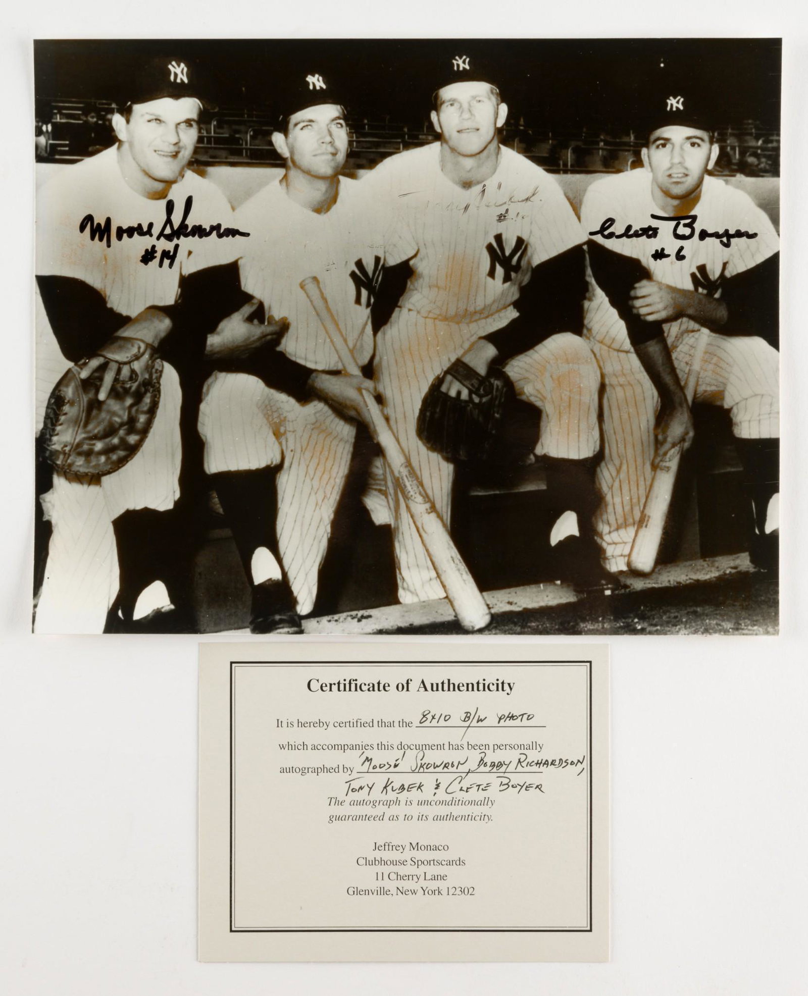 Baseball Photograph with 4 Autographs Incl Moose Skowron: Also includes Bobby Richardson, Tony Kubek, and Clete Boyer. With C.O.A. DP. IMPORTANT: Before bidding, please read the terms and conditions. When you registered for the auction you agreed to these te