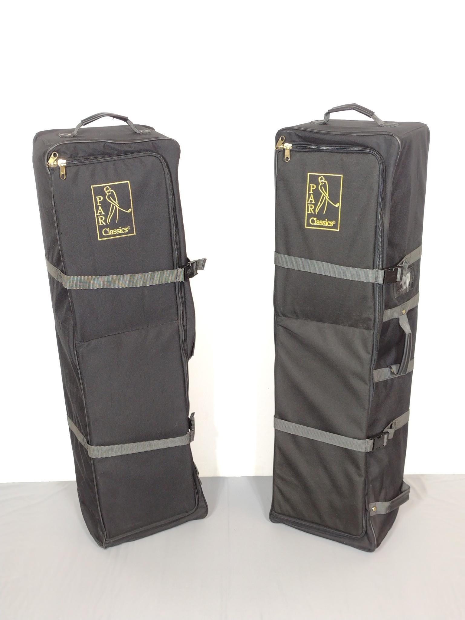 2 PAR Classics Travel Golf Bags: Lightly used. 14" wide X 11-1/2" deep X 49" high. Both have some light wear. MG. IMPORTANT: Before bidding, please read the terms and conditions. When you registered for the auction you agreed to thes