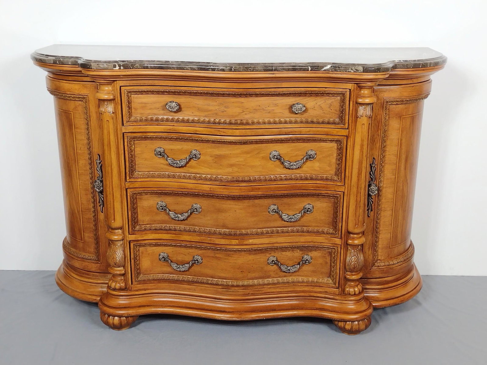 Marble Top Credenza: 60" wide X 21" deep X 40" high. No manufactures name found. MG. IMPORTANT: Before bidding, please read the terms and conditions. When you registered for the auction you agreed to these terms and will 