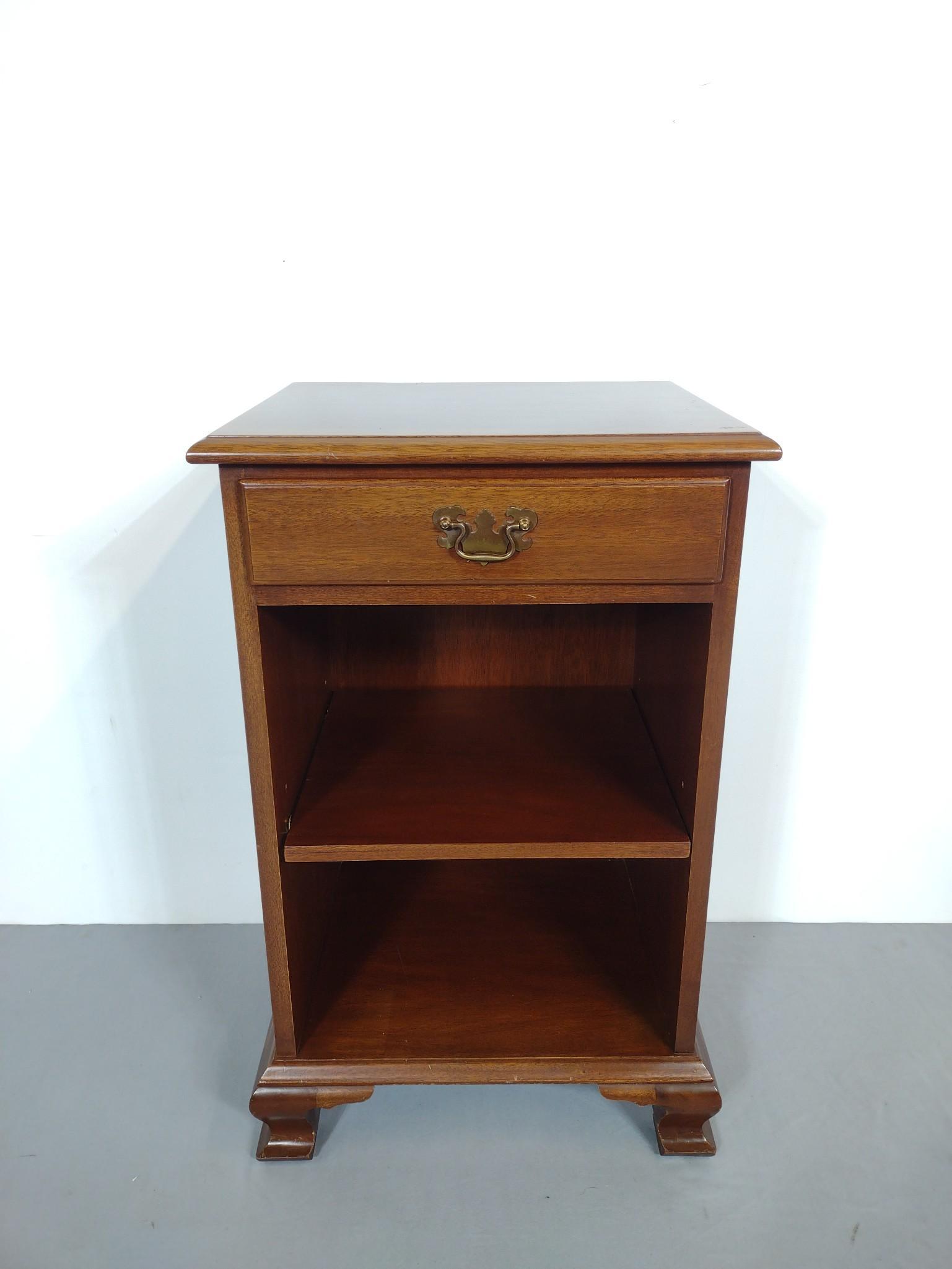 Biggs Night Stand: 18" wide X 15" deep X 29-1/2" high. Has some sun fading on top. Has some light scratches. MG. IMPORTANT: Before bidding, please read the terms and conditions. When you registered for the auction you a