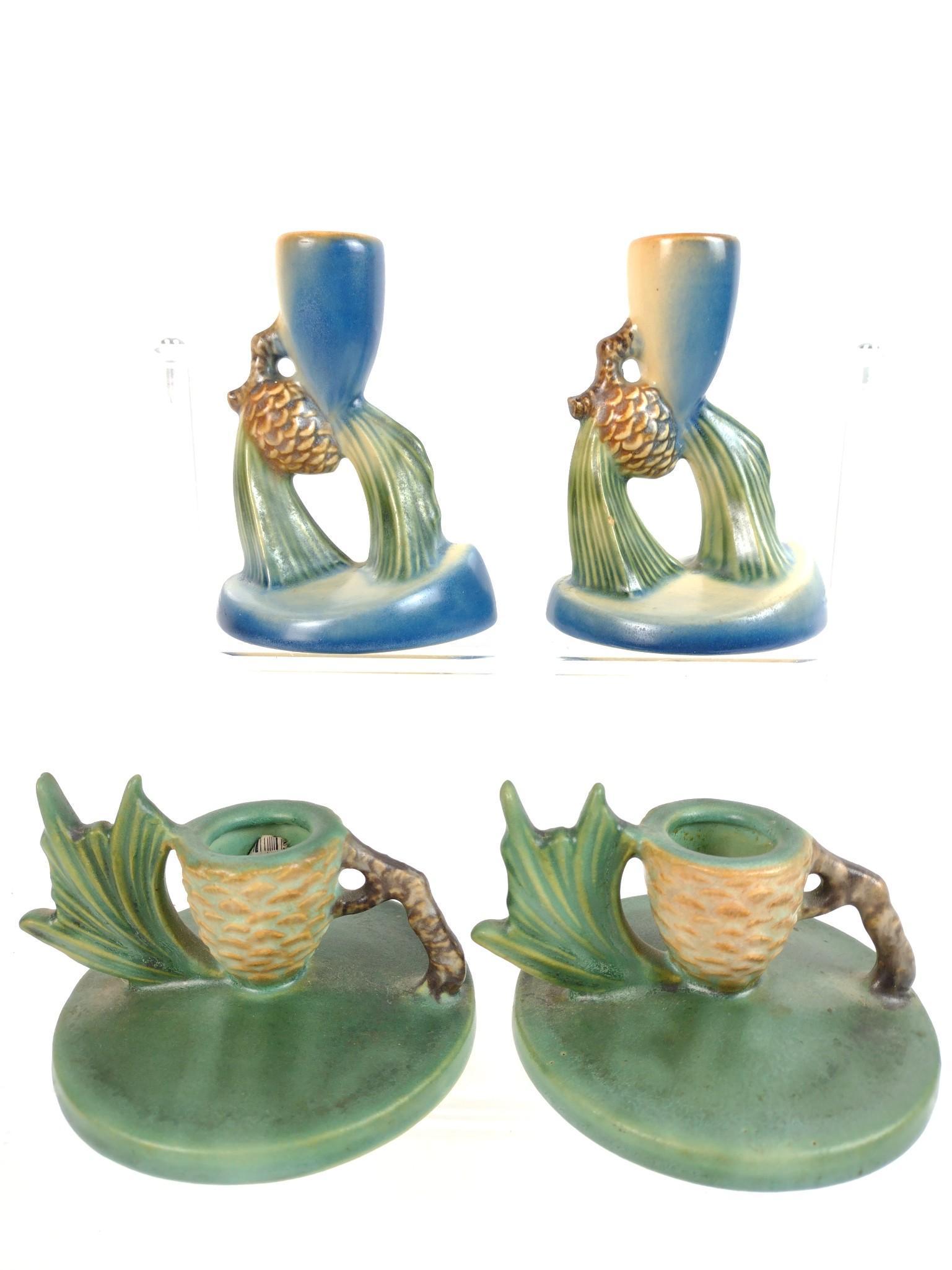 4 Pinecone Candle Holders: Number 1123 and 451-4. 2-1/2 " to 4-1/2" high. JB IMPORTANT: Before bidding, please read the terms and conditions. When you registered for the auction you agreed to these terms and will be required to