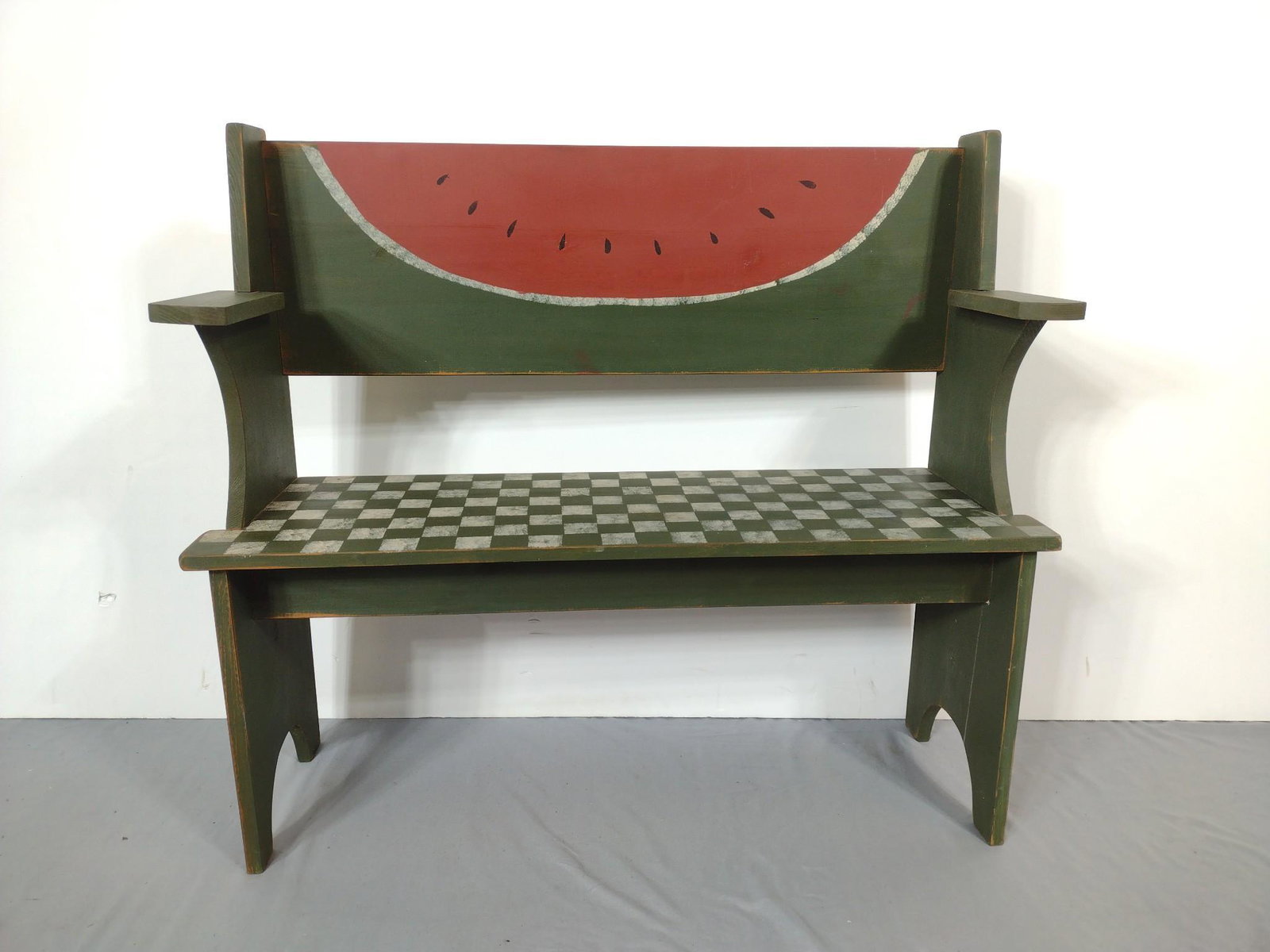Painted Watermelon Bench: 37-1/2" wide X 12" deep X 33" high. No manufactures name found. MG. IMPORTANT: Before bidding, please read the terms and conditions. When you registered for the auction you agreed to these terms and w