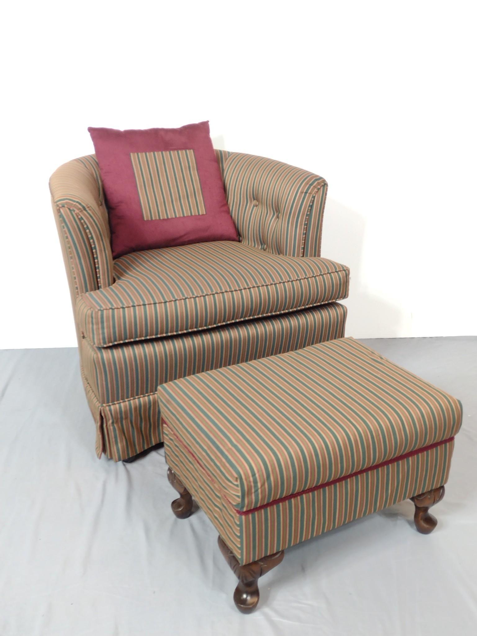 Upholstered Arm Chair With Ottoman: Chair 28" wide X 29" deep X 26-1/2" high. Ottoman 20" wide X 14" deep X 13-1/4" high. No manufactures name found. MG. IMPORTANT: Before bidding, please read the terms and conditions. When you register