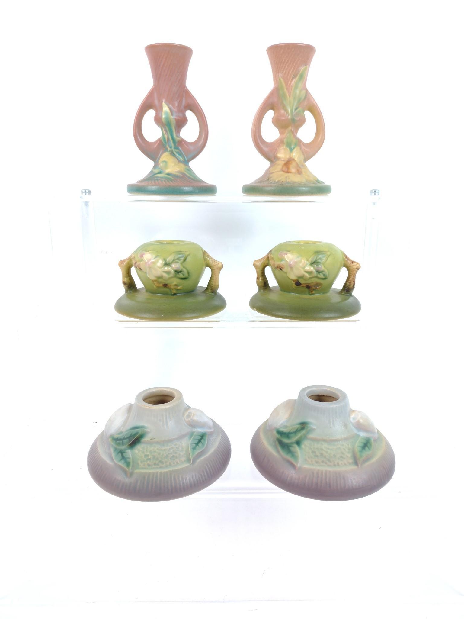 6 Roseville Candle Holders: Includes Numbers 351, 651, 1152-4-1/2. 1-1/2"to 5" high. JB IMPORTANT: Before bidding, please read the terms and conditions. When you registered for the auction you agreed to these terms and will be r