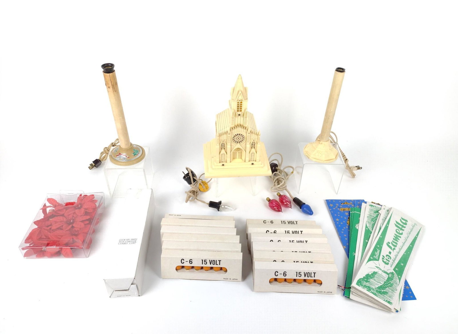 38 Vintage Christmas Lights and Accessories: Includes new old stock bulbs C-6 15 volt. Candlestick 9" high. RM IMPORTANT: Before bidding, please read the terms and conditions. When you registered for the auction you agreed to these terms and wil