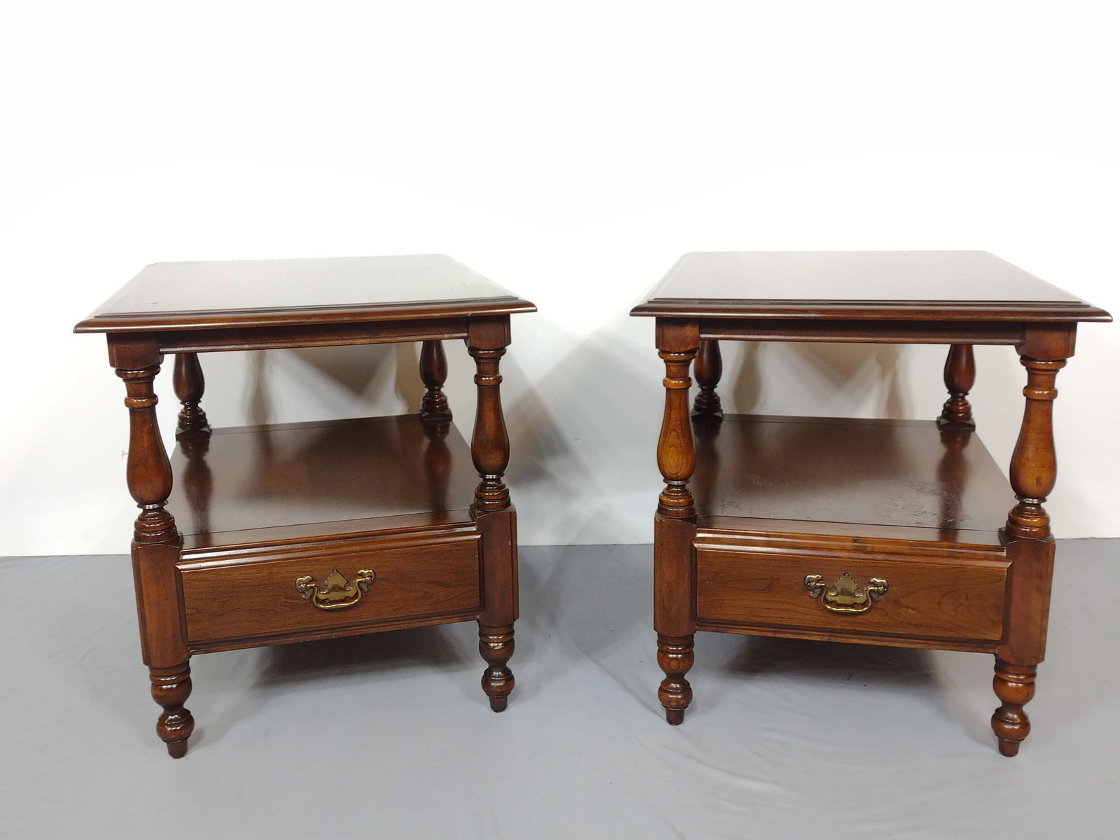 Pair Harden End Tables: 20" wide X 26" deep X 22" high. Both have some scratches. MG. IMPORTANT: Before bidding, please read the terms and conditions. When you registered for the auction you agreed to these terms and will be