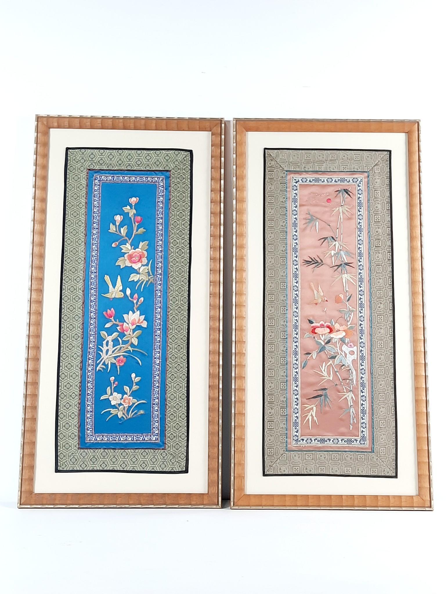 2 Asain Silk Embroideries: Each overall with frame 28-3/4" high x 14-1/4" wide. LR IMPORTANT: Before bidding, please read the terms and conditions. When you registered for the auction you agreed to these terms and will be requi