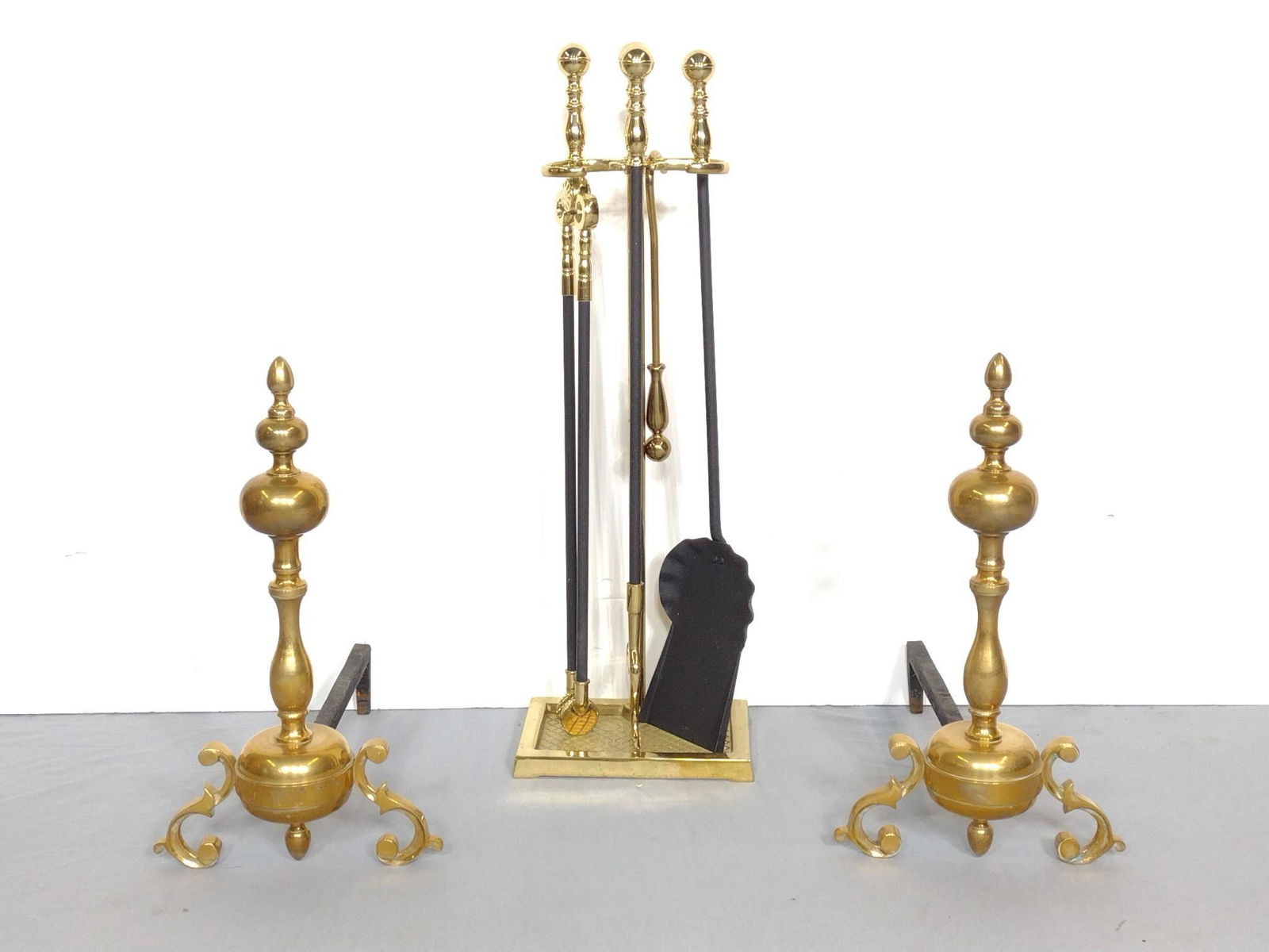 Heavy Brass Andirons & Fire Place Tools (1 of 5)