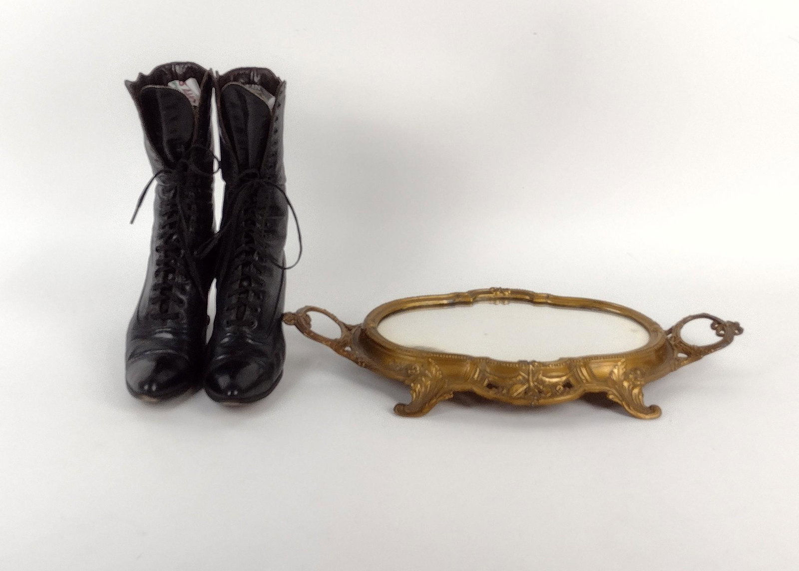 Antique Heeled Boots & Mirrored Tray: Tray: 17" wide X 9" deep X 1-1/2" high. Boots marked 340 025 39L on inside. 8-1/4" long X 10" high. MEG IMPORTANT: Before bidding, please read the terms and conditions. When you registered for the auc