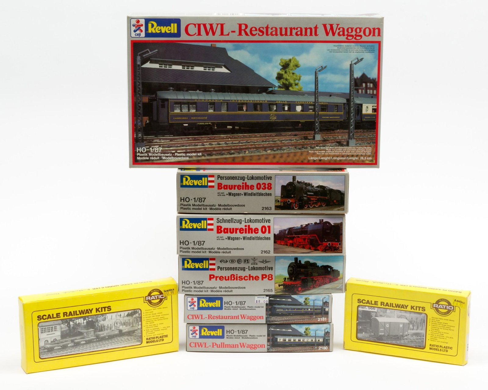 8 Revell and Ratio 1/87 HO Scale Railroad Models: Eight Revell and Ratio1/87 HO railroad models including Revell 2181, 2162, 2163, 2165, 2180, 2181 and Ratio 566 and 575. Each unbuilt in original box. MH. IMPORTANT: Before bidding, please read the te