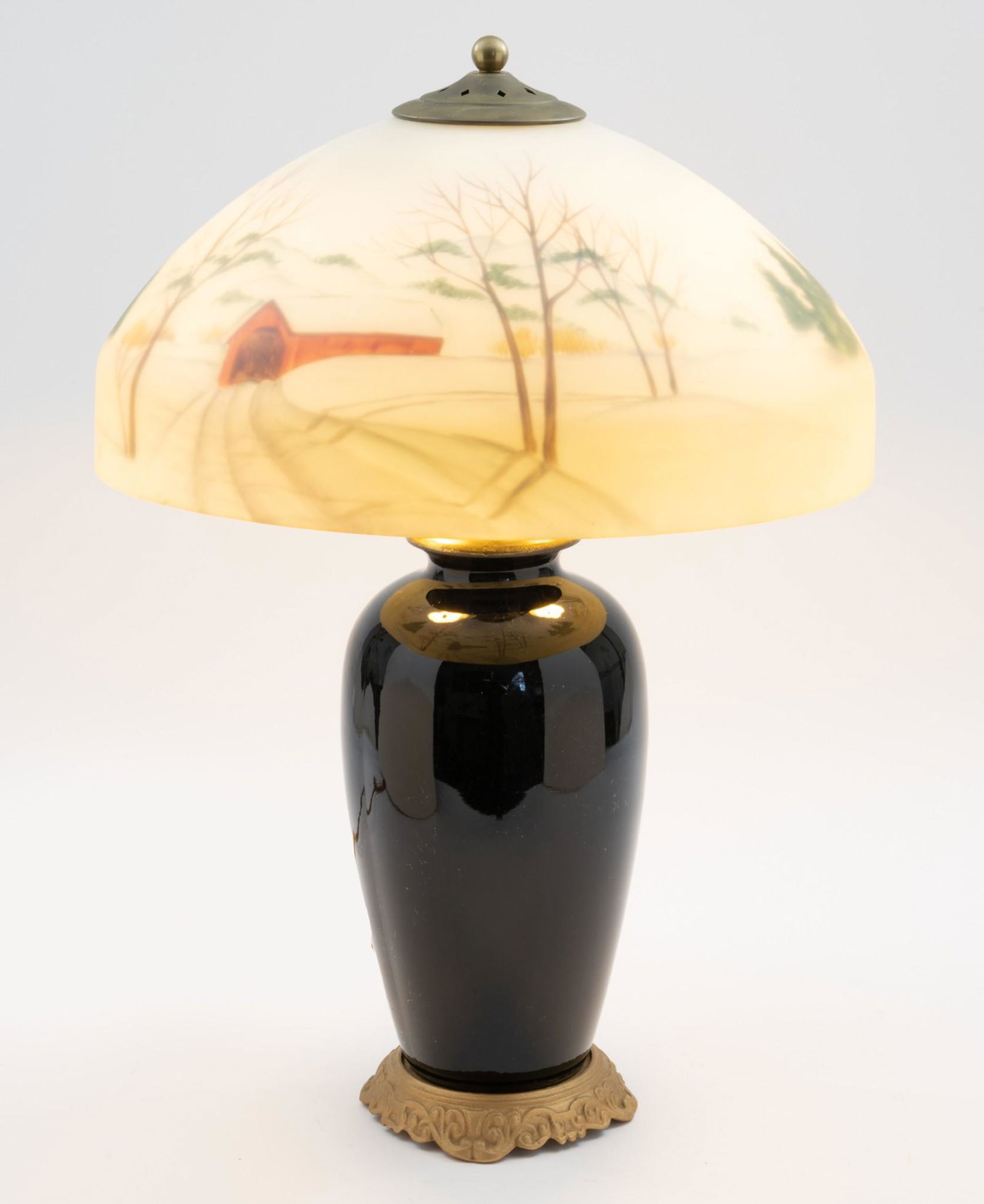 Snowy Covered Bridge Reverse Painted Lamp, Signed (1 of 11)