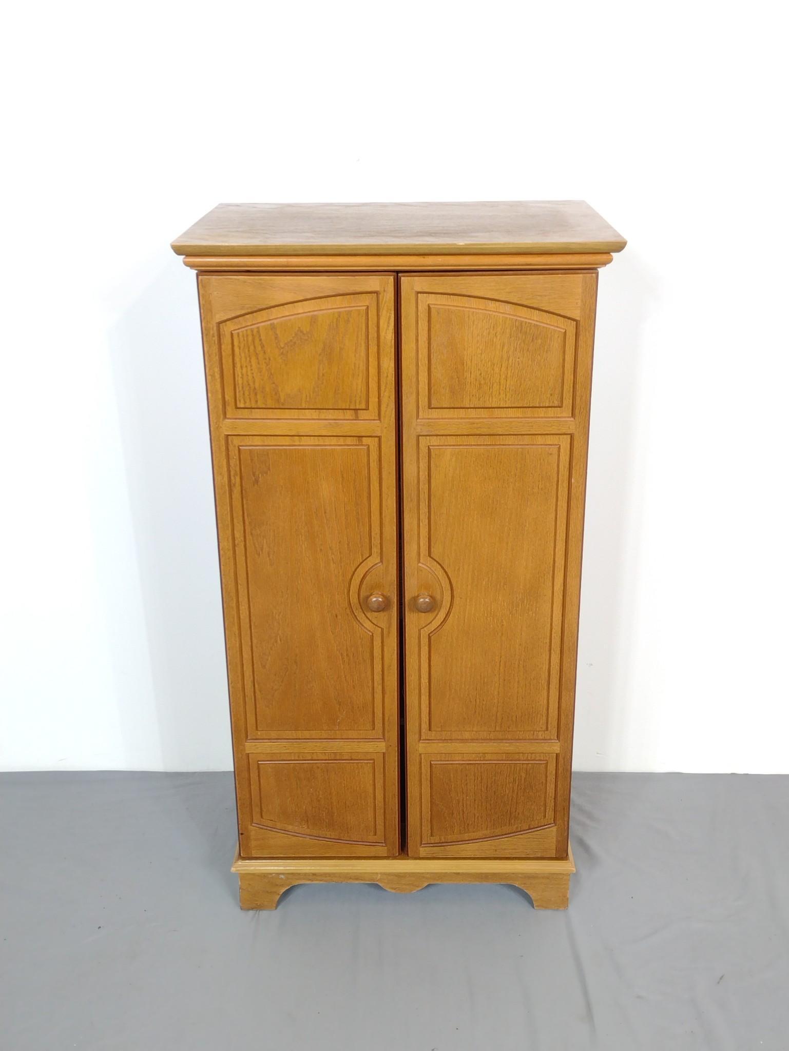 Powell Jewelry Chest: 22" wide X 15" deep X 41" high. Has some finish loss to top. MG. IMPORTANT: Before bidding, please read the terms and conditions. When you registered for the auction you agreed to these terms and will