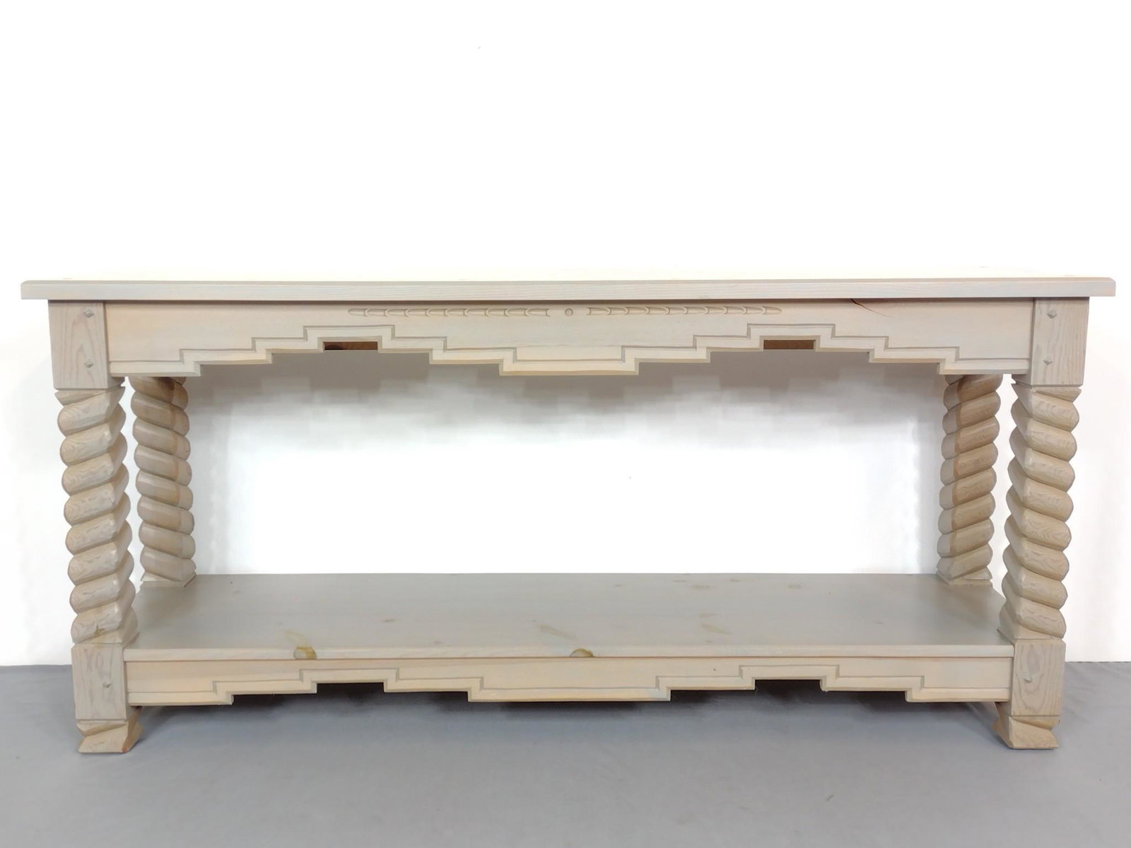 Southwest Sofa Table: 60" wide X 16" deep X 28-1/4" high. Has a few light scratches on top. MG. IMPORTANT: Before bidding, please read the terms and conditions. When you registered for the auction you agreed to these terms