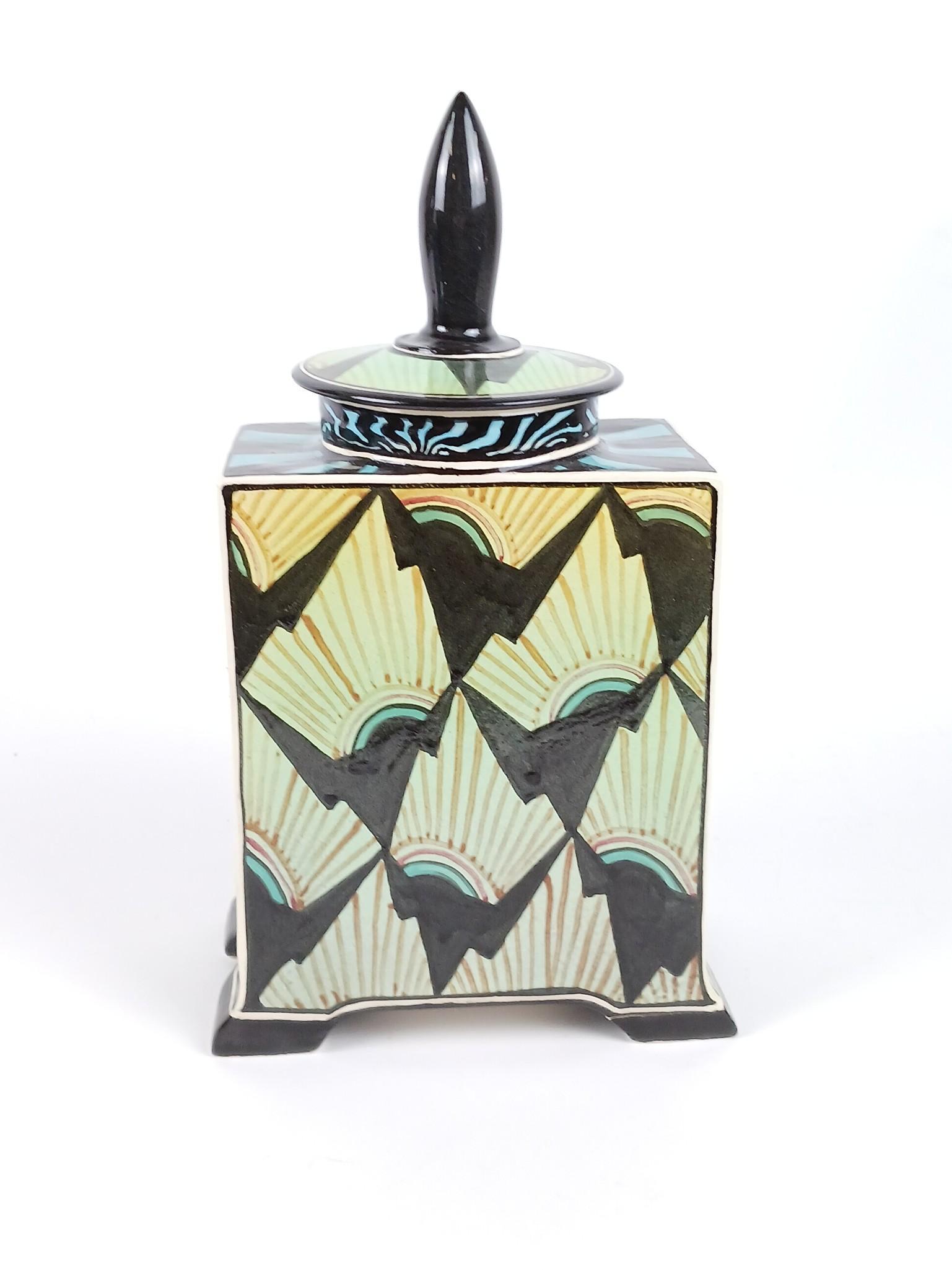 Kenyon Thomas Gallery Lidded Vase: Unsigned. Crow painted under base. 7-1/2" wide x 4" deep x 13" high. One foot repaired. LR IMPORTANT: Before bidding, please read the terms and conditions. When you registered for the auction you agre