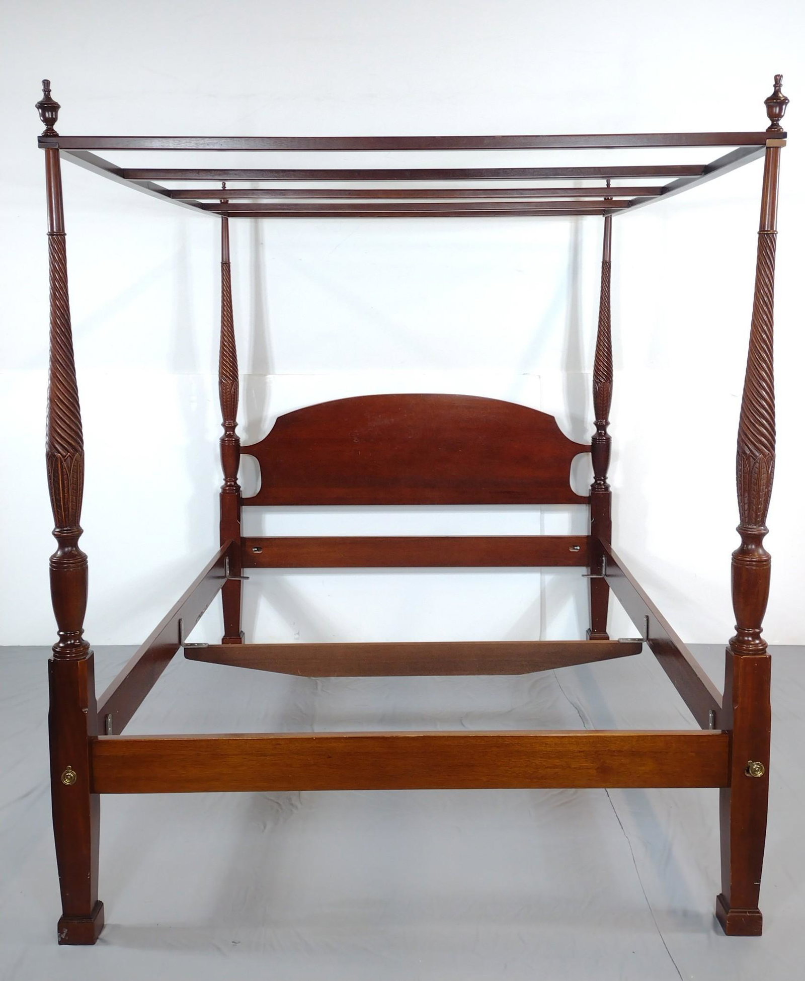 Canopy Bed: 66" wide X 87" deep X 81" high. Has some scratches and areas of finish loss. MG. IMPORTANT: Before bidding, please read the terms and conditions. When you registered for the auction you agreed to thes