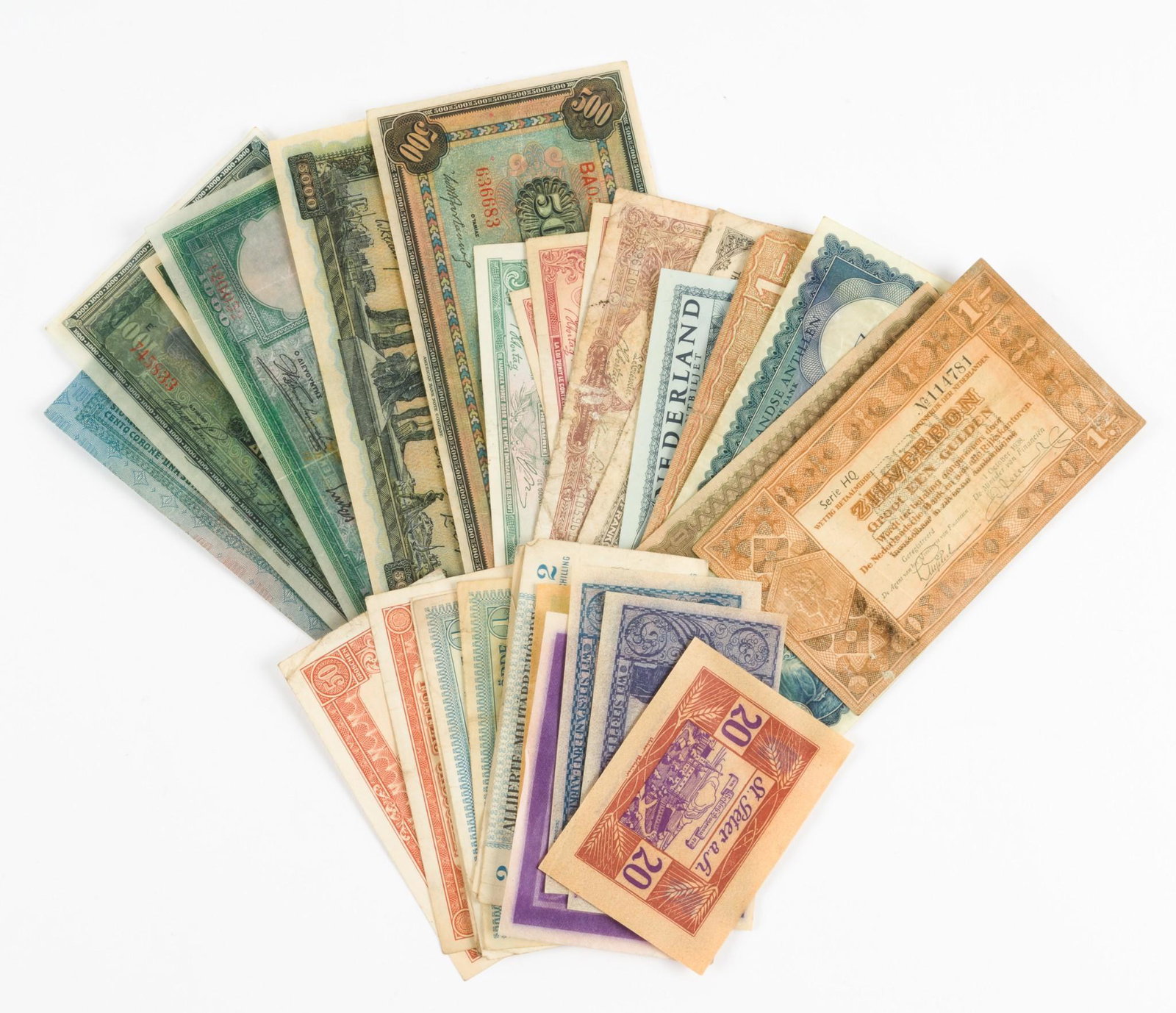 31 Pcs European Currency: Includes Austrian Allied Military, Austria, Belgium, Greece, and the Netherlands. All with wear as expected with age and use. Some have had oil spilled on them. RM IMPORTANT: Before bidding, please re