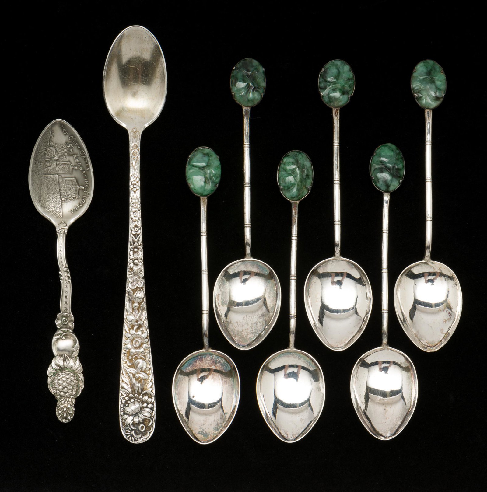 8 Sterling Spoons, incl Demitasse with Jade (1 of 8)