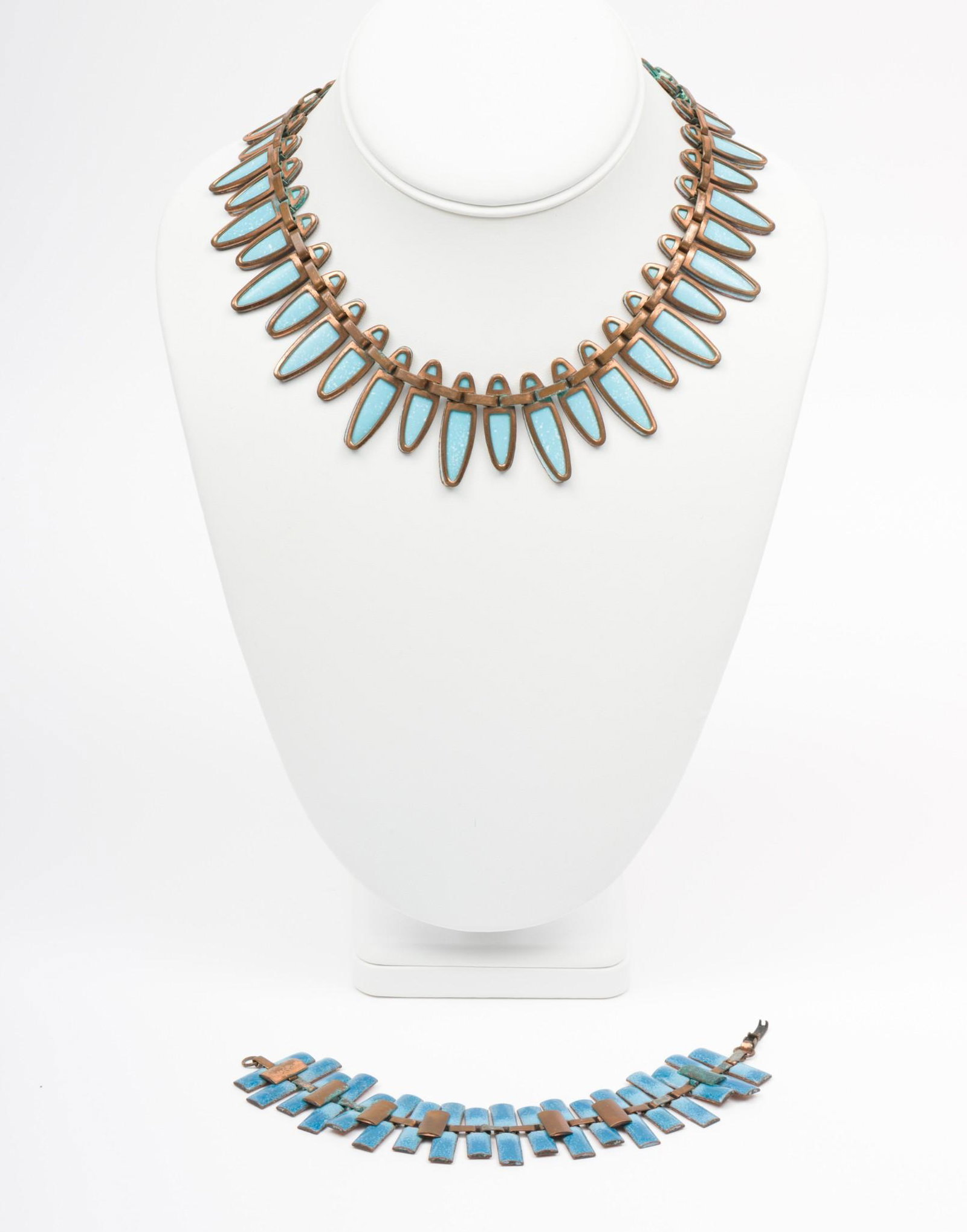 Matisse Enameled Necklace & Bracelet: Copper and enamel necklace signed Matisse, 17" long, 1-1/4" wide. Bracelet unmarked with verdigris, 7" long, 1-1/4" wide. EK IMPORTANT: Before bidding, please read the terms and conditions. When you r