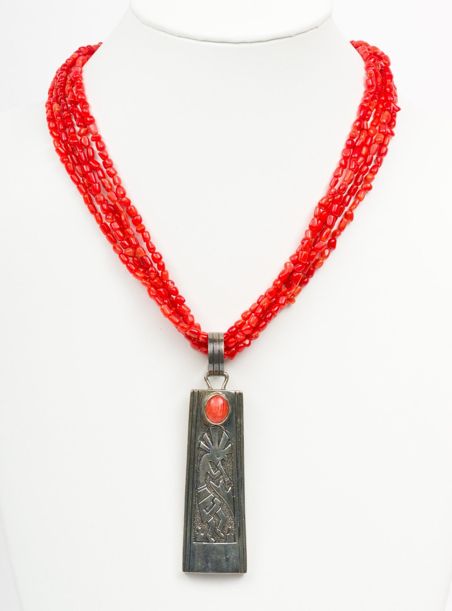 Coral and Sterling Navajo Kokopeli Necklace Signed (1 of 5)