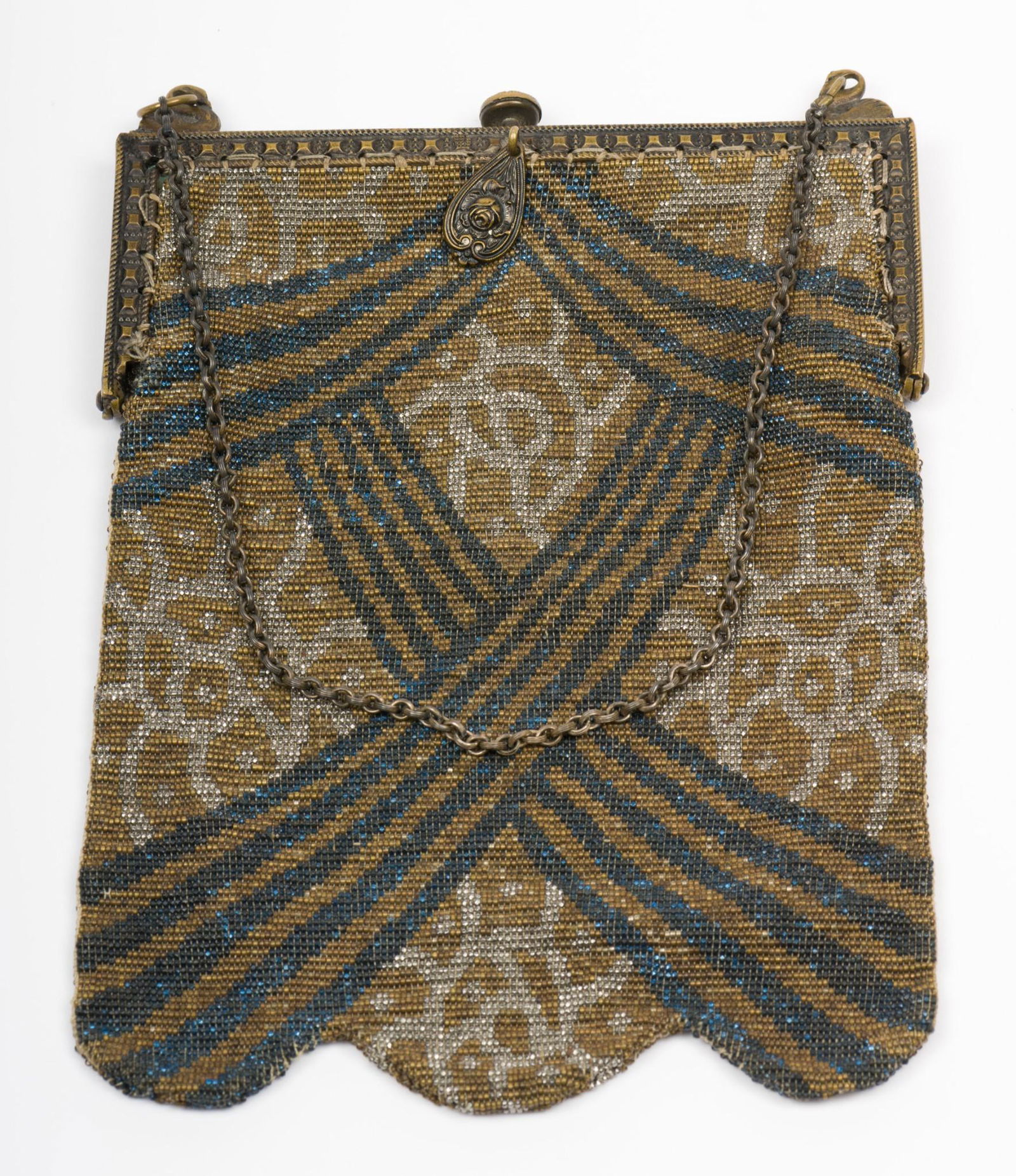 Vintage Glass Bead Purse: Vintage glass bead purse w/ fine beadwork. Metal frame w/ swans at chain. Green silk lining w/ tears. Overall size without chain 5 1/4" x 7 1/2". IMPORTANT: Before bidding, please read the terms and c