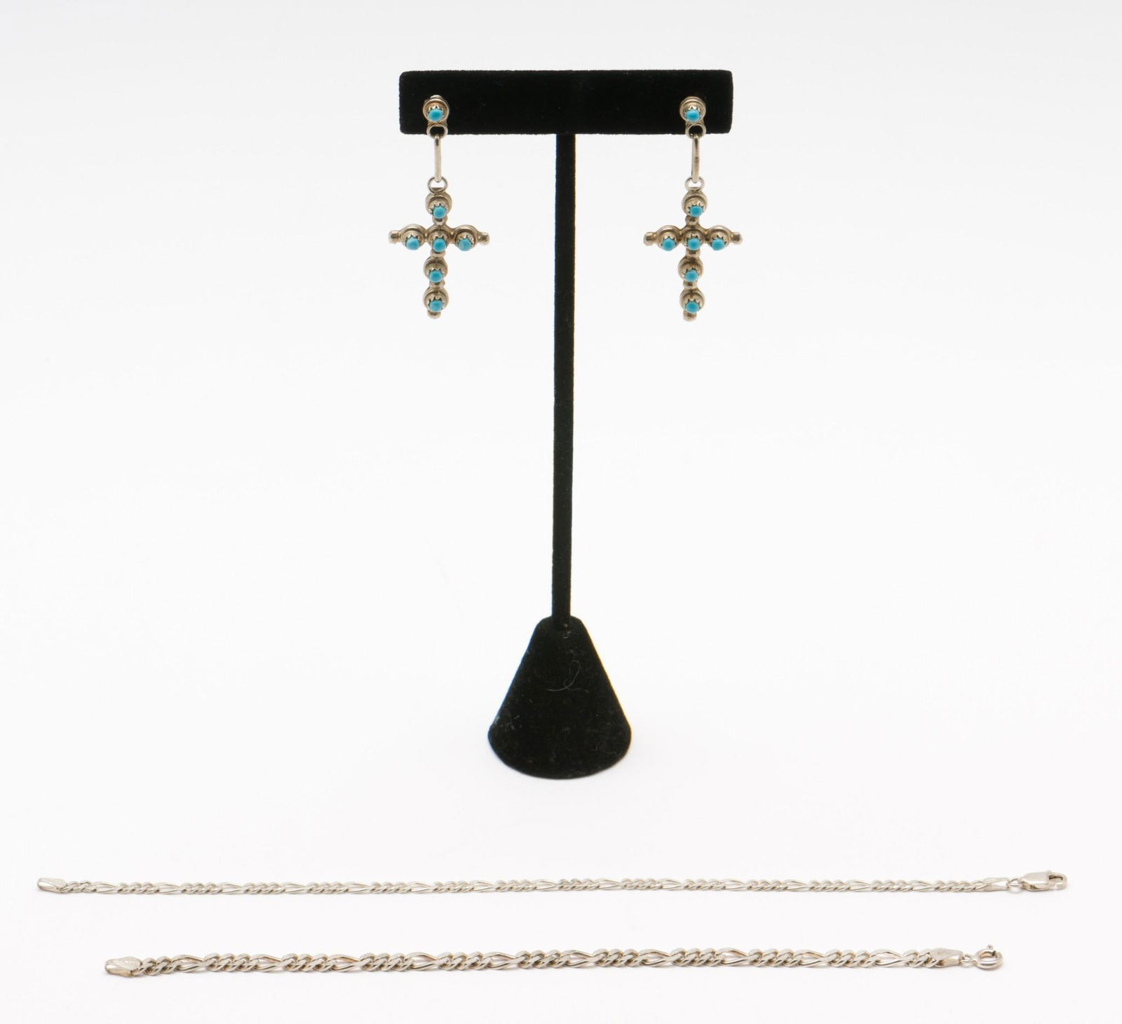 2 Sterling Bracelets & Earrings: Link bracelets, 6-1/2" long. Drop cross pierced earrings with turquoise, 1-1/2". EK IMPORTANT: Before bidding, please read the terms and conditions. When you registered for the auction you agreed to t
