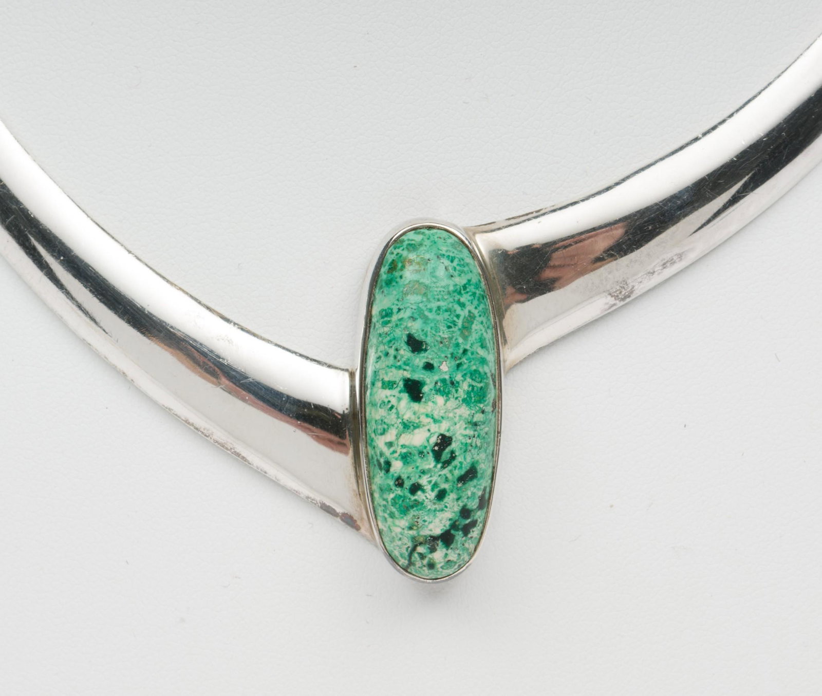 Mexican Silver & Turquoise Collar Necklace: Stamped "Mexico" with artist initials verso. Interior of hinged necklace, 4-1/2" x 4-1/2". Stone 1-3/8" high. EK IMPORTANT: Before bidding, please read the terms and conditions. When you registered fo