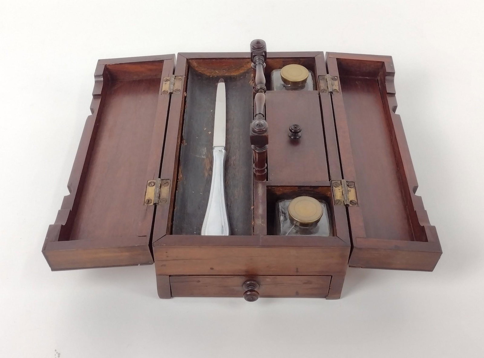 Portable Writing Box: 5-3/4" wide X 3-3/4" high. Handle is broken. MEG IMPORTANT: Before bidding, please read the terms and conditions. When you registered for the auction you agreed to these terms and will be required to 