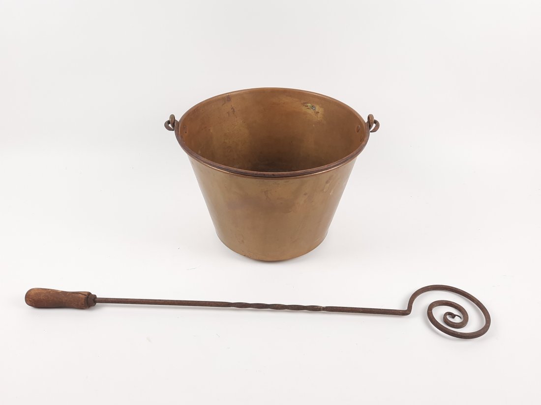 Wrought Iron Rug Beater and Hayden Brass Bucket: Rug Beater 28-1/2" long. Bucket 12-1/2" diameter x 9" high. JB IMPORTANT: Before bidding, please read the terms and conditions. When you registered for the auction you agreed to these terms and will b