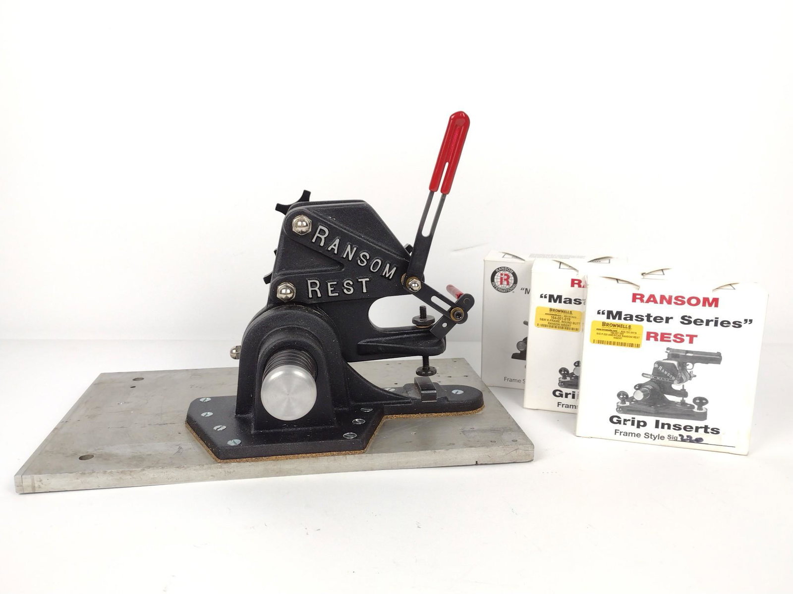 Ransom Gun Rest With Inserts: Includes 3 inserts. Colt Gov 1911, S&W K/L, Sig 220. Rest 8-3/4" wide X 11-1/4" deep X 8" high. MG. IMPORTANT: Before bidding, please read the terms and conditions. When you registered for the auction